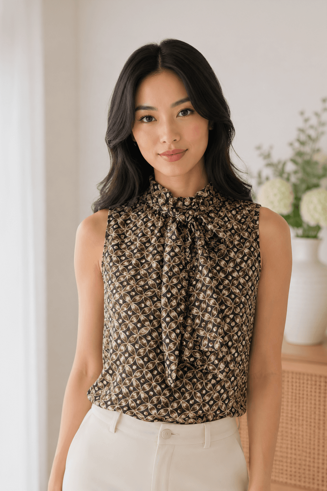 Worth Collection Silk Geometric Tie-Neck Blouse