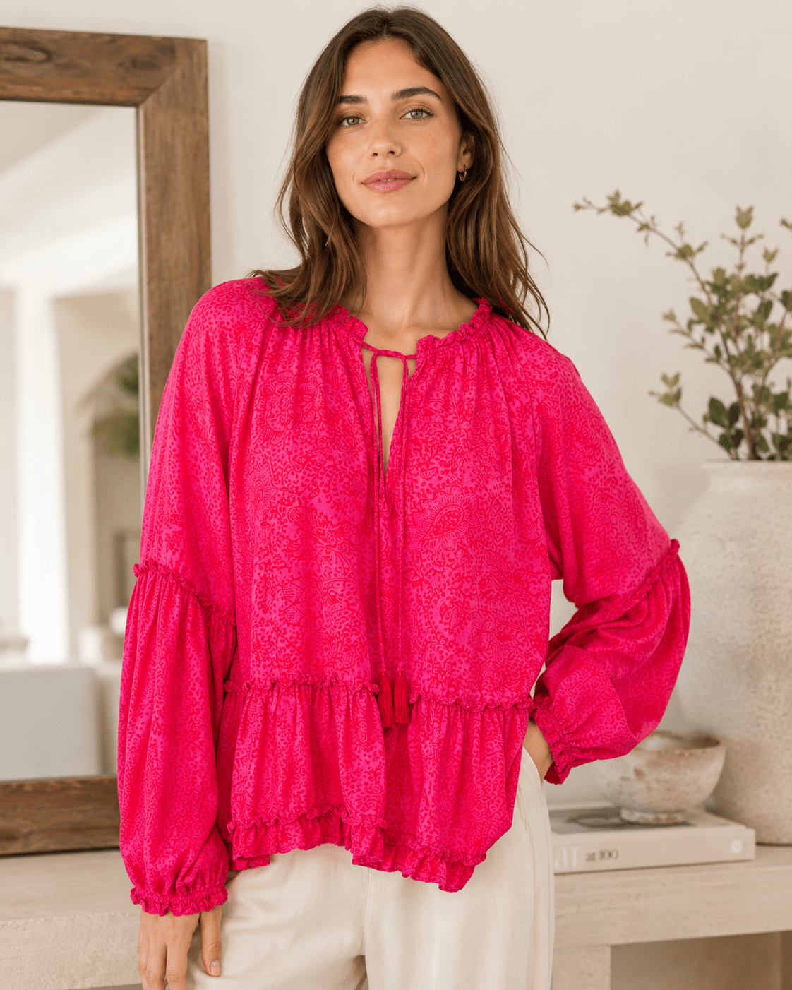 Natalie Martin Shangri La Raspberry Rayon Tiered Ruffle Peasant Blouse