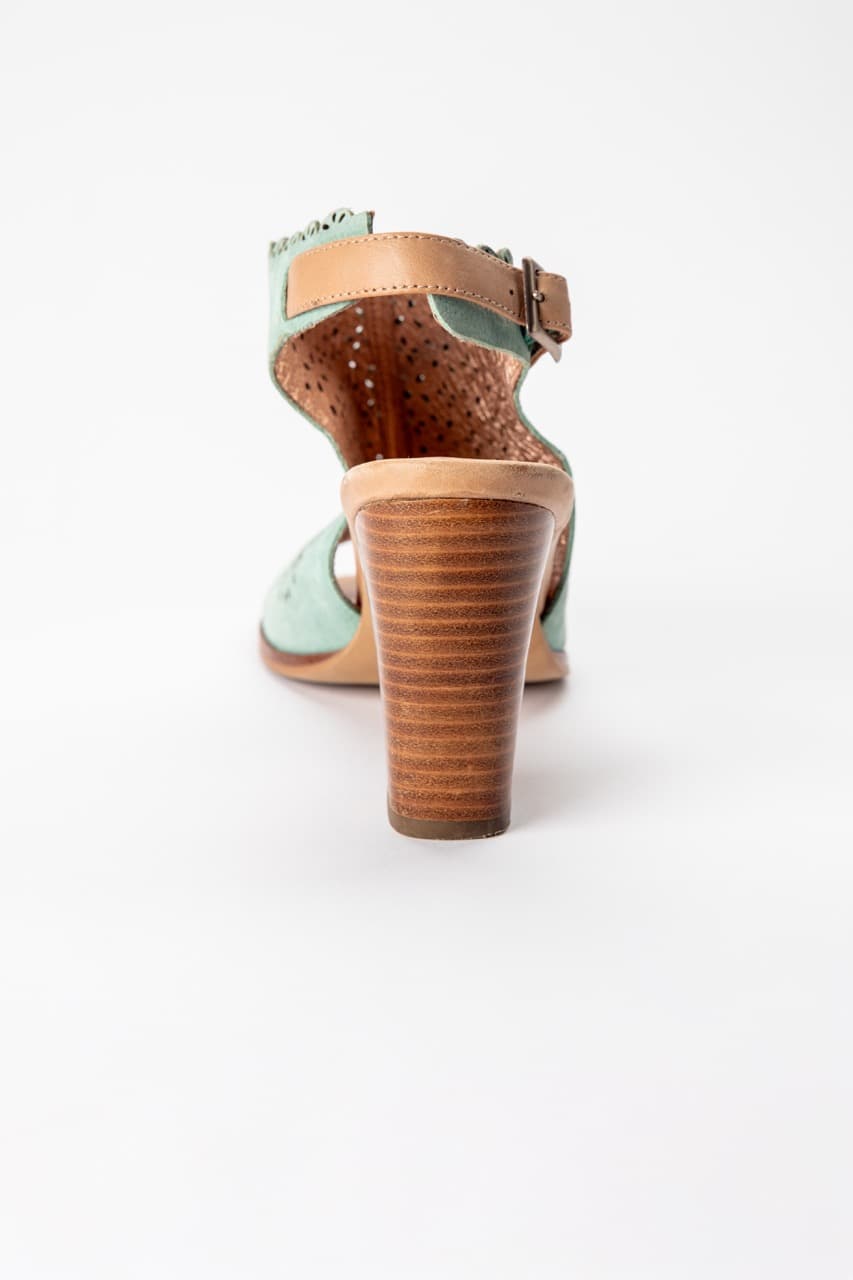 Miss Albright Mint Laser-Cut Leather Peep-Toe Block Heel Sandals
