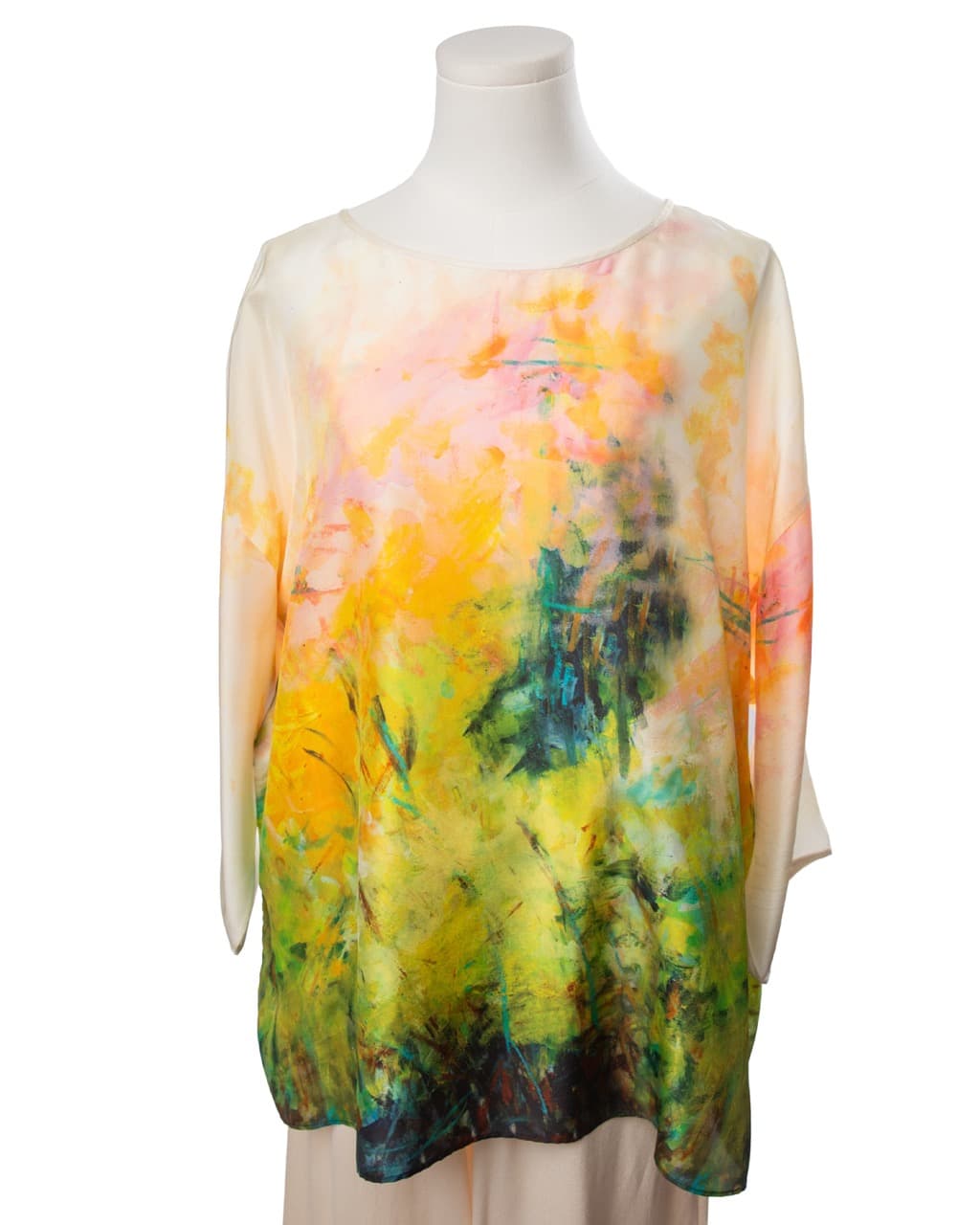 Lafayette 148 New York Abstract Watercolor 100% Silk Dolman Tunic Blouse