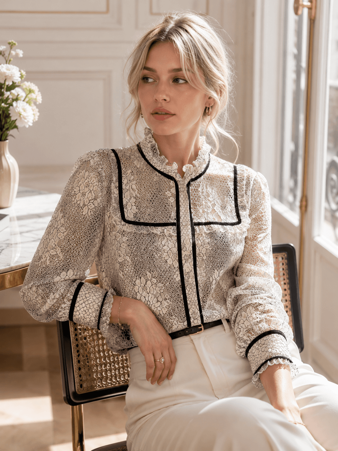 A Loves A Ivory Lace Victorian Blouse with Velvet Trim Detail