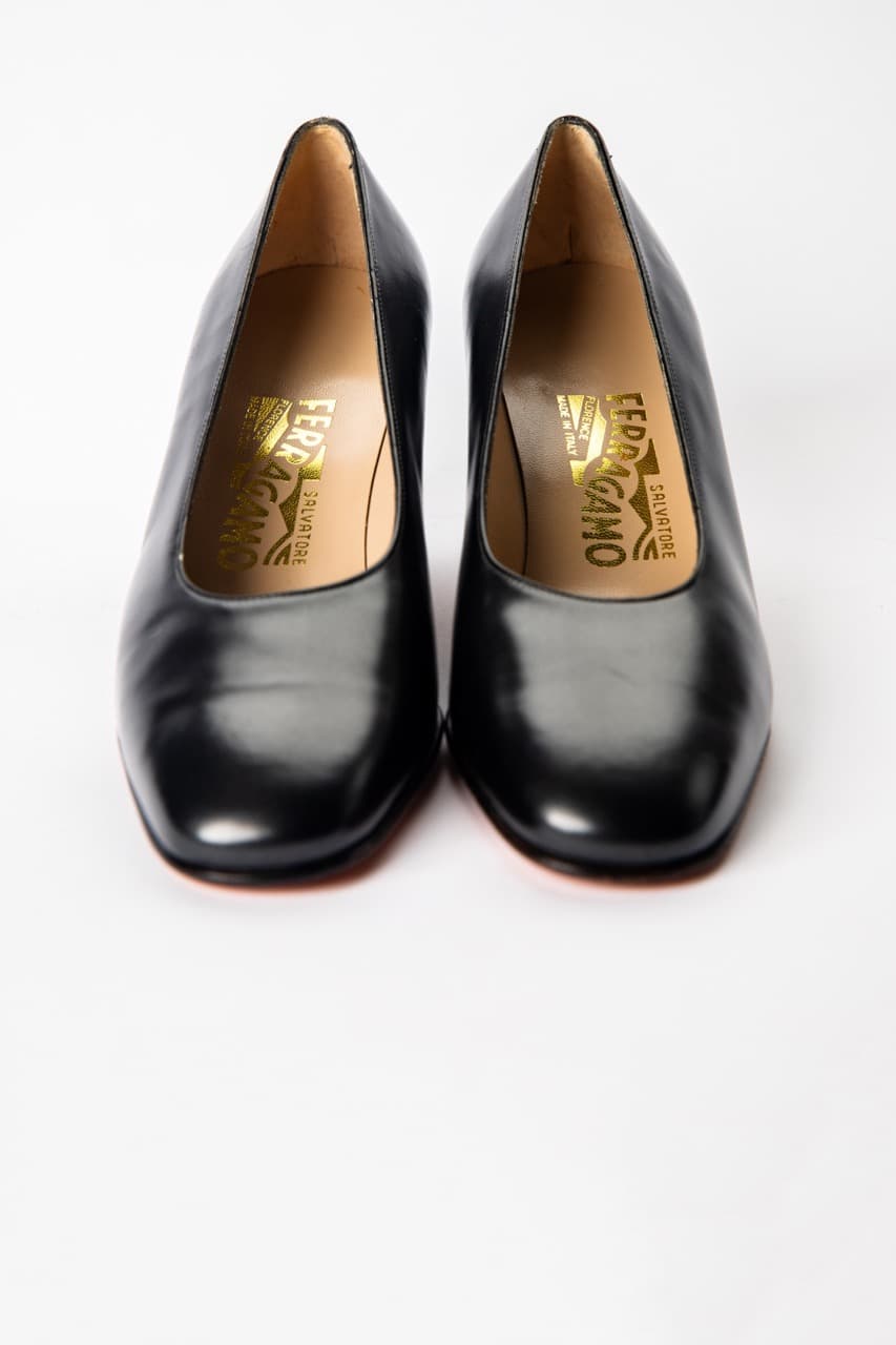 Salvatore Ferragamo Black Leather Block Heel Pumps | Made in Italy