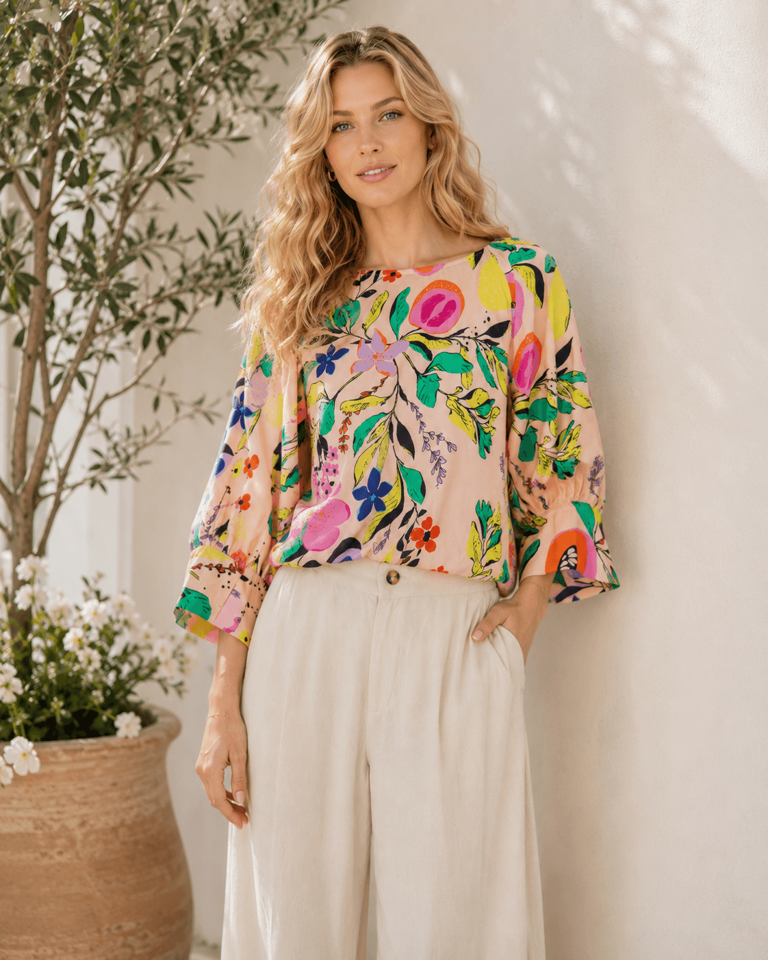 Emily McCarthy Botanical Print Silk Blouse