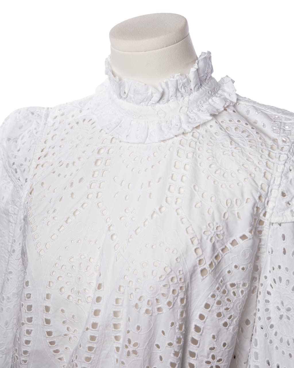 GANNI White Cotton Eyelet Open Back Ruffle Peplum Blouse