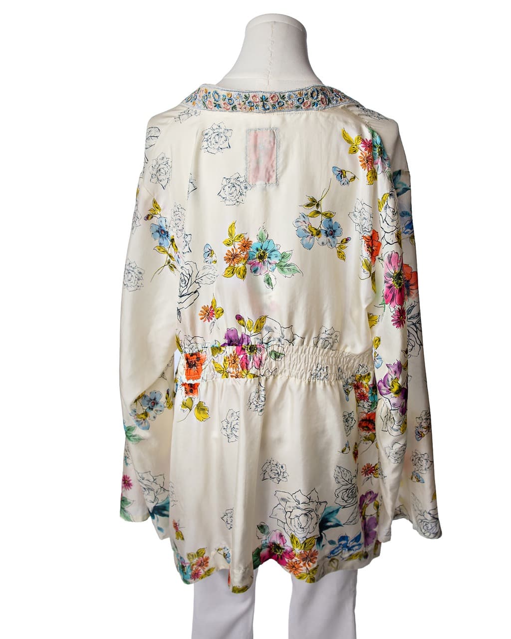Johnny Was Silk Floral Embroidered V-Neck Tunic Blouse