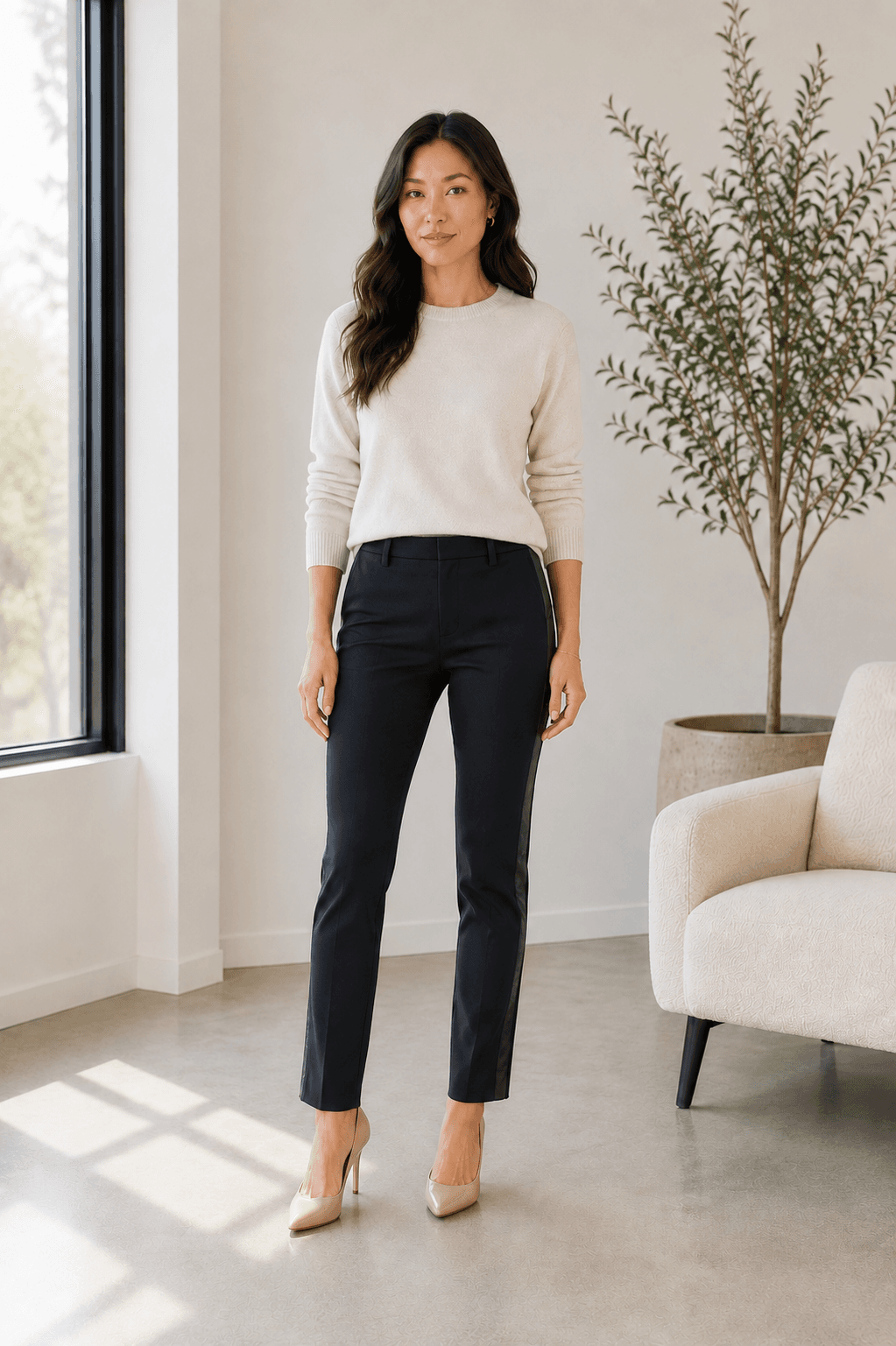 Vince Navy Wool Blend Pants with Lamb Leather Side Stripe