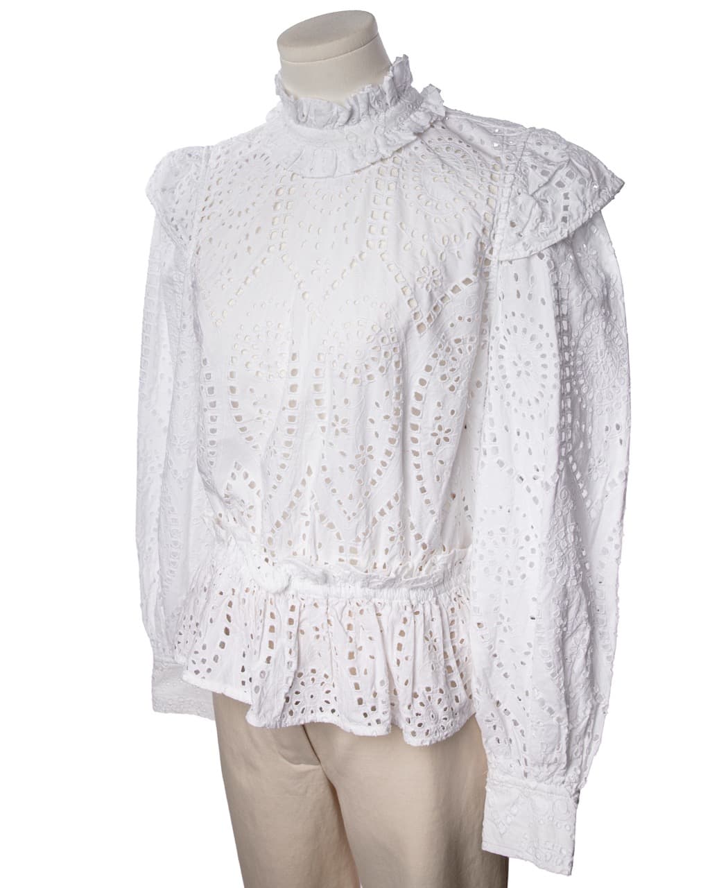 GANNI White Cotton Eyelet Open Back Ruffle Peplum Blouse