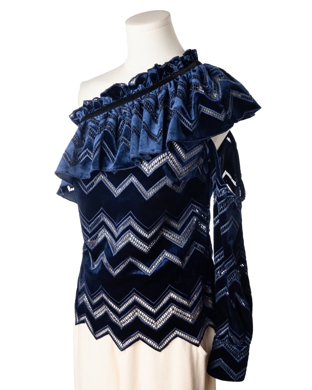 Self-Portrait One-Shoulder Velvet Zigzag Lace Blouse