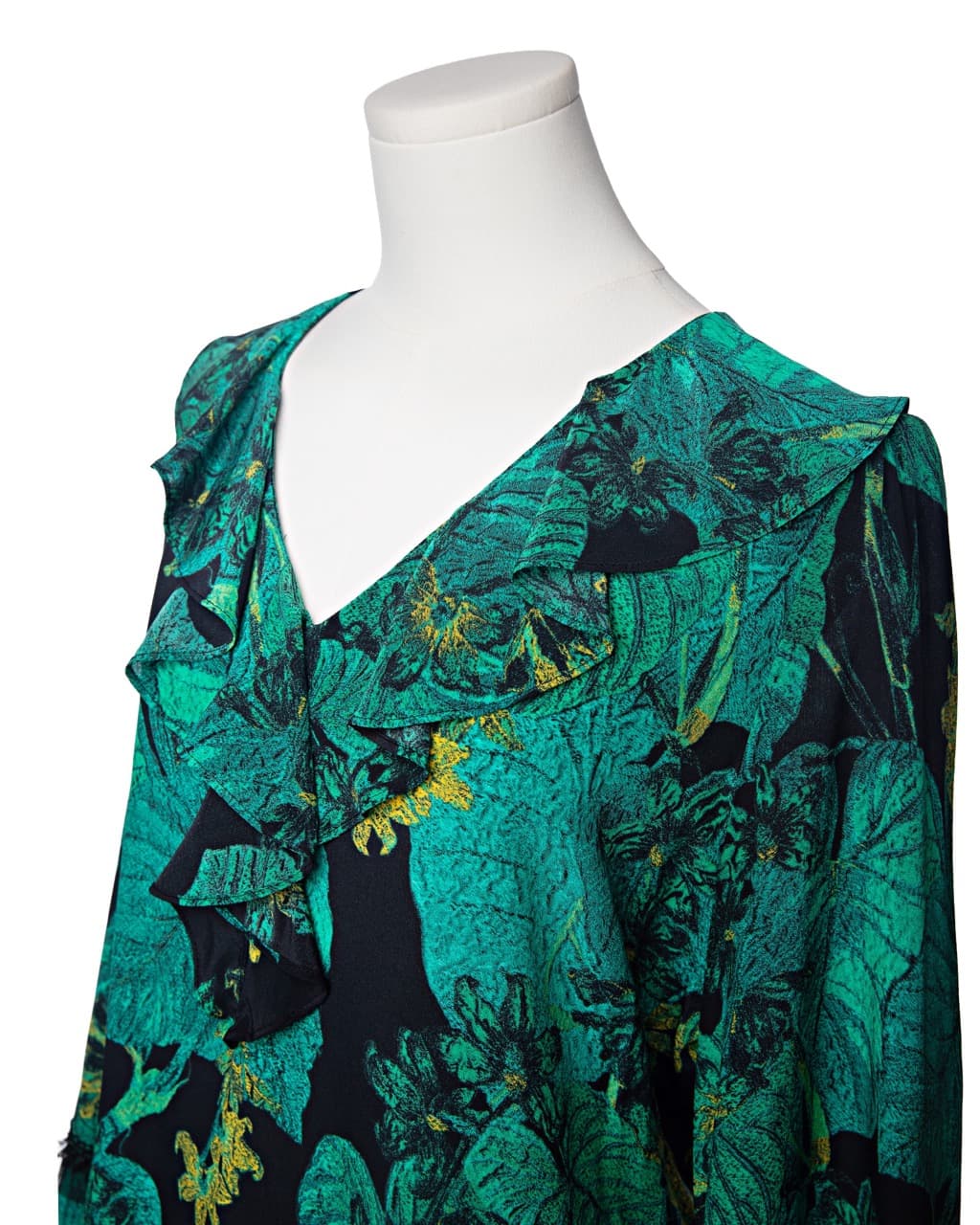 Kobi Halperin Dahlia Silk Ruffle Blouse in Emerald Noir Botanical