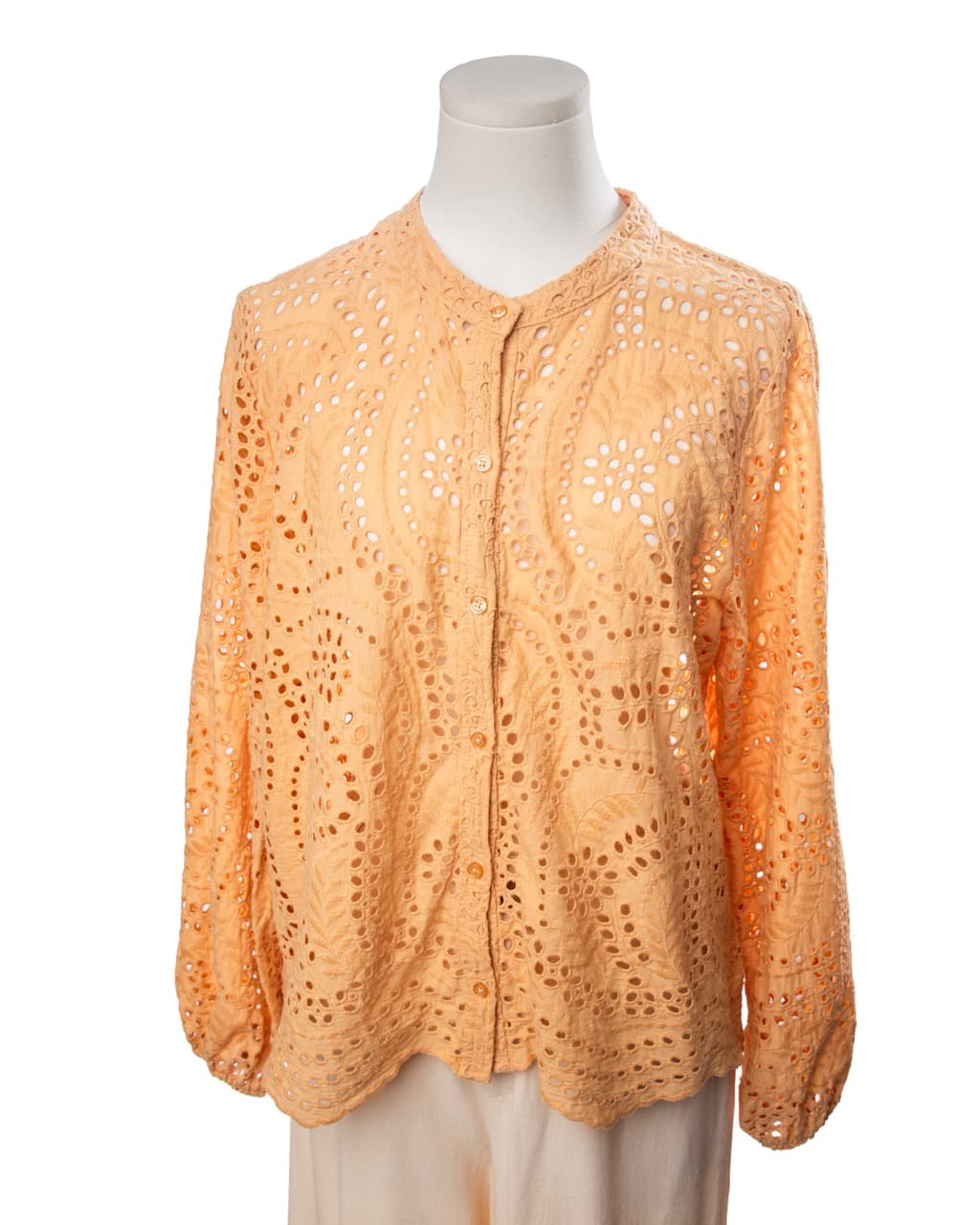 Joie Apricot Cotton Eyelet Button-Front Balloon-Sleeve Scalloped-Hem Blouse