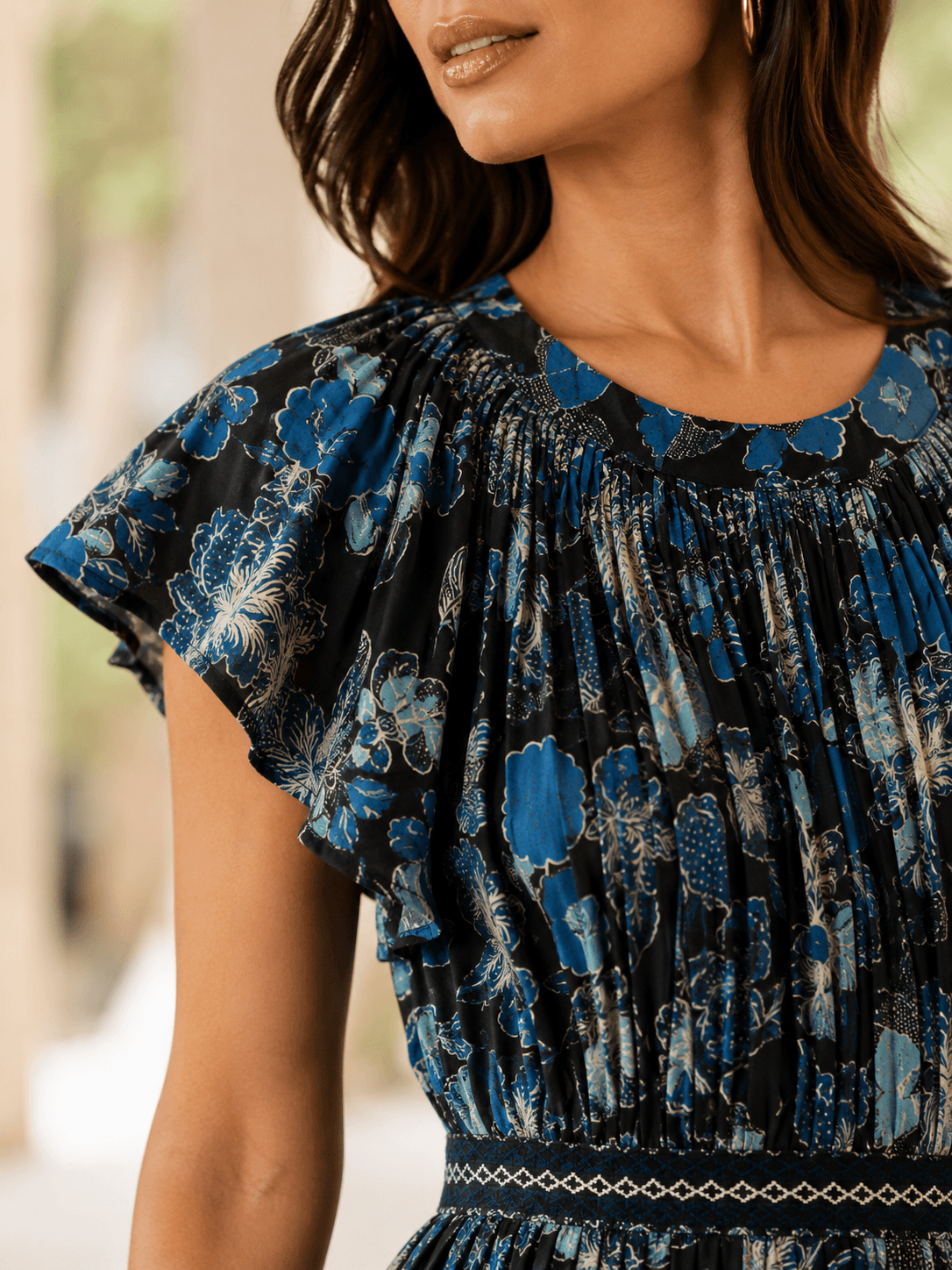 Ulla Johnson Indigo Floral Gathered Cotton Midi Dress
