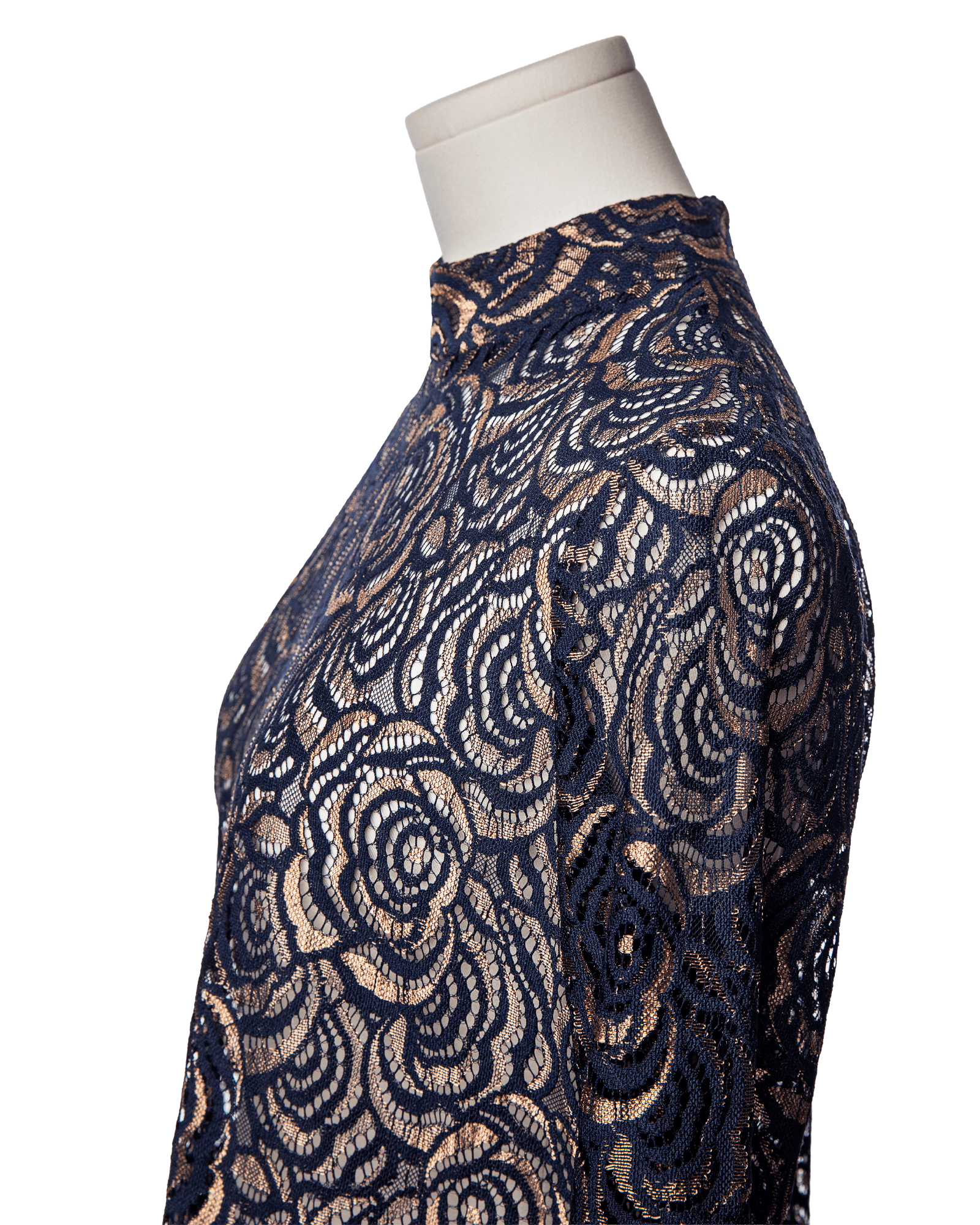 Anne Fontaine Navy Lace Mock Neck Long Sleeve Blouse