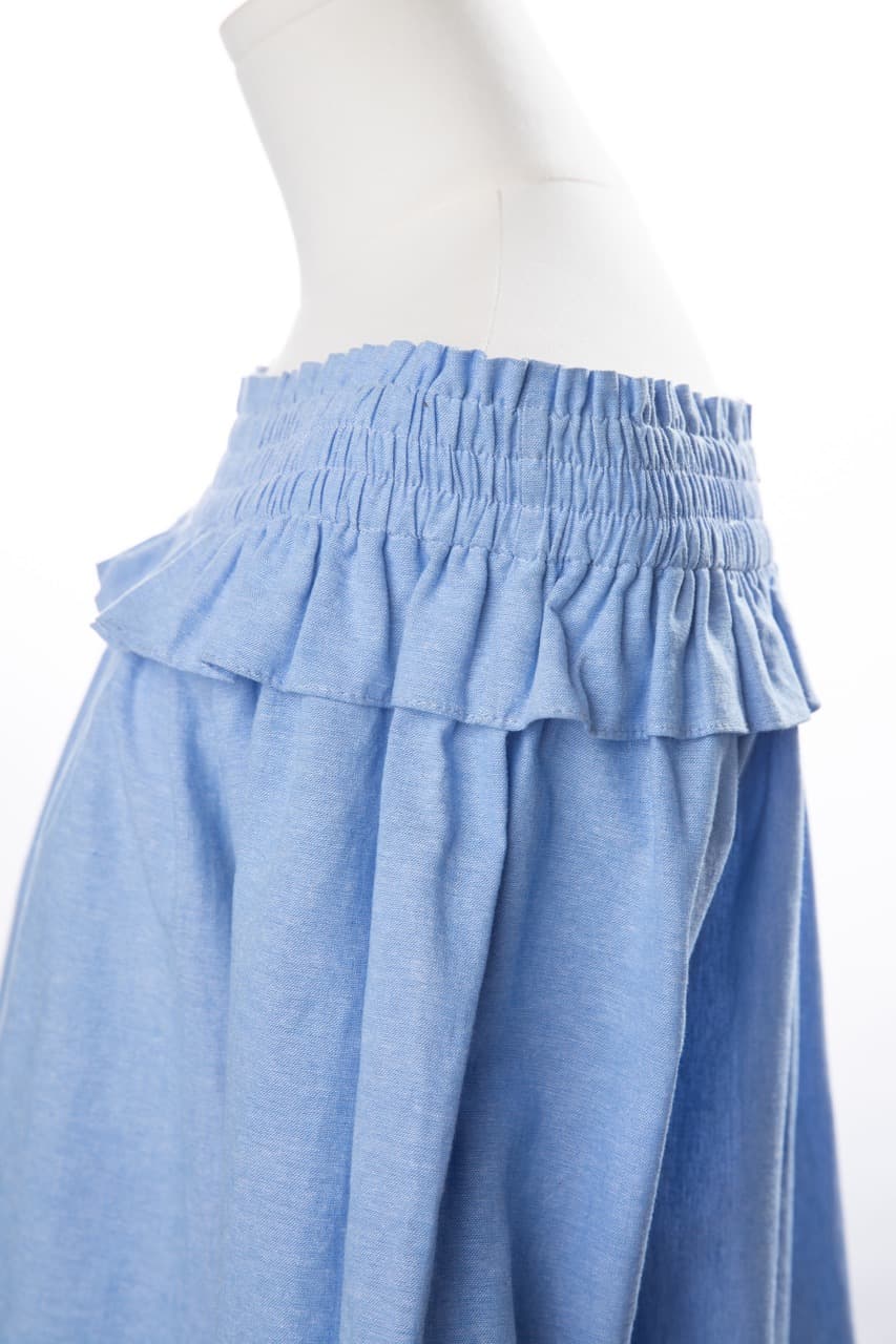 MISA Los Angeles Alma Off-the-Shoulder Ruffle Top in Denim Blue