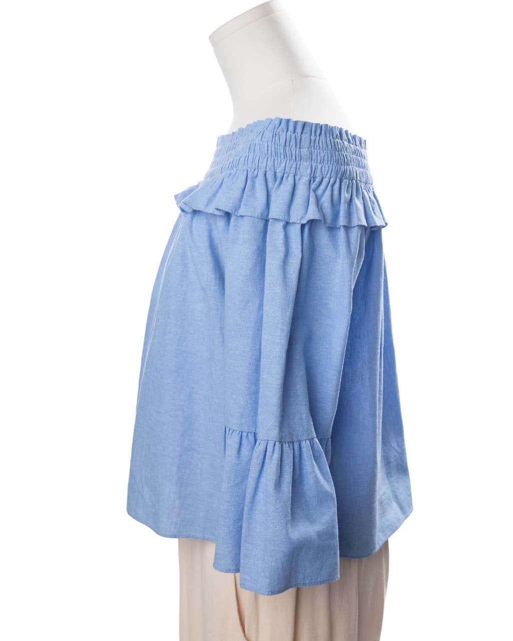 MISA Los Angeles Alma Off-the-Shoulder Ruffle Top in Denim Blue