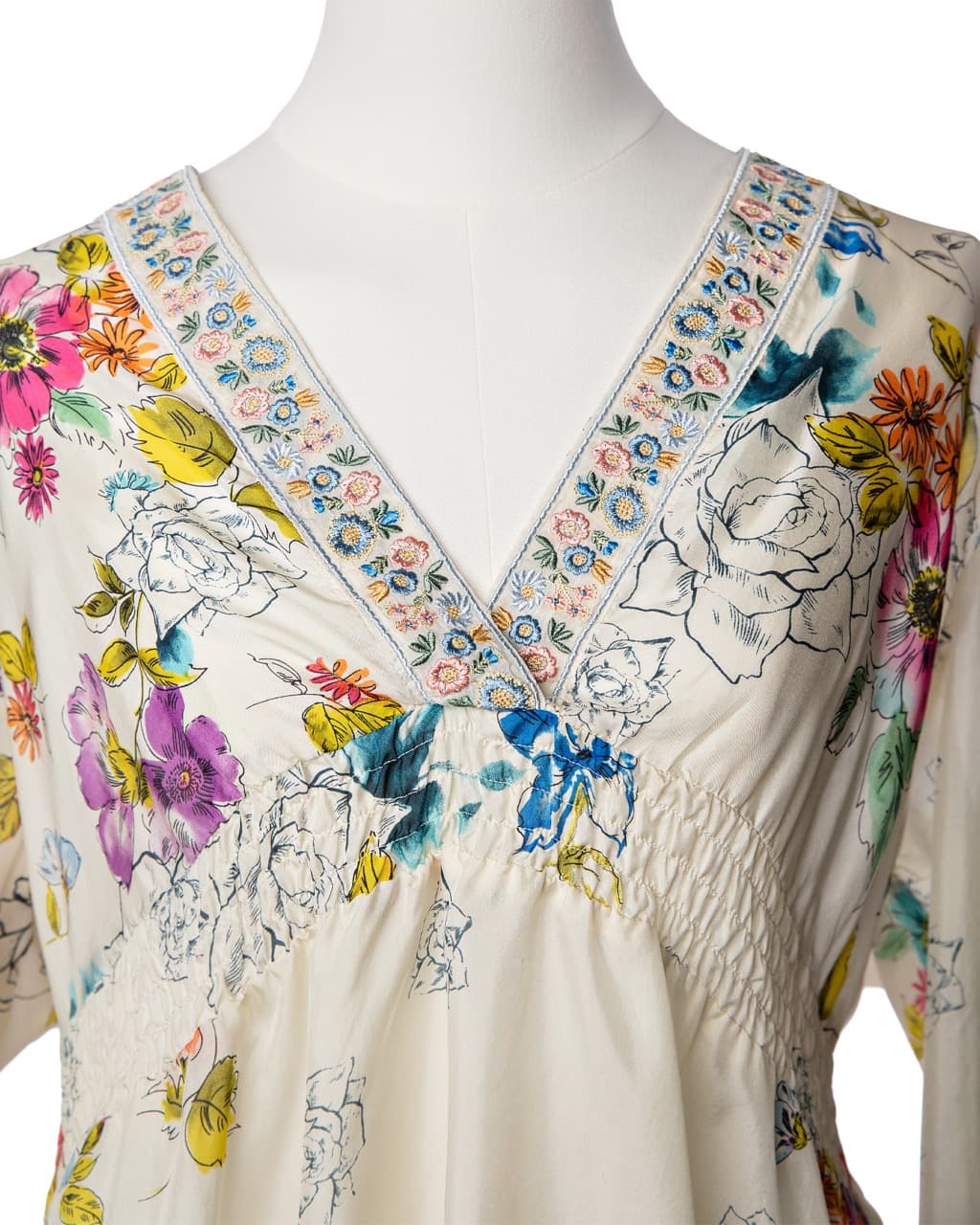 Johnny Was Silk Floral Embroidered V-Neck Tunic Blouse