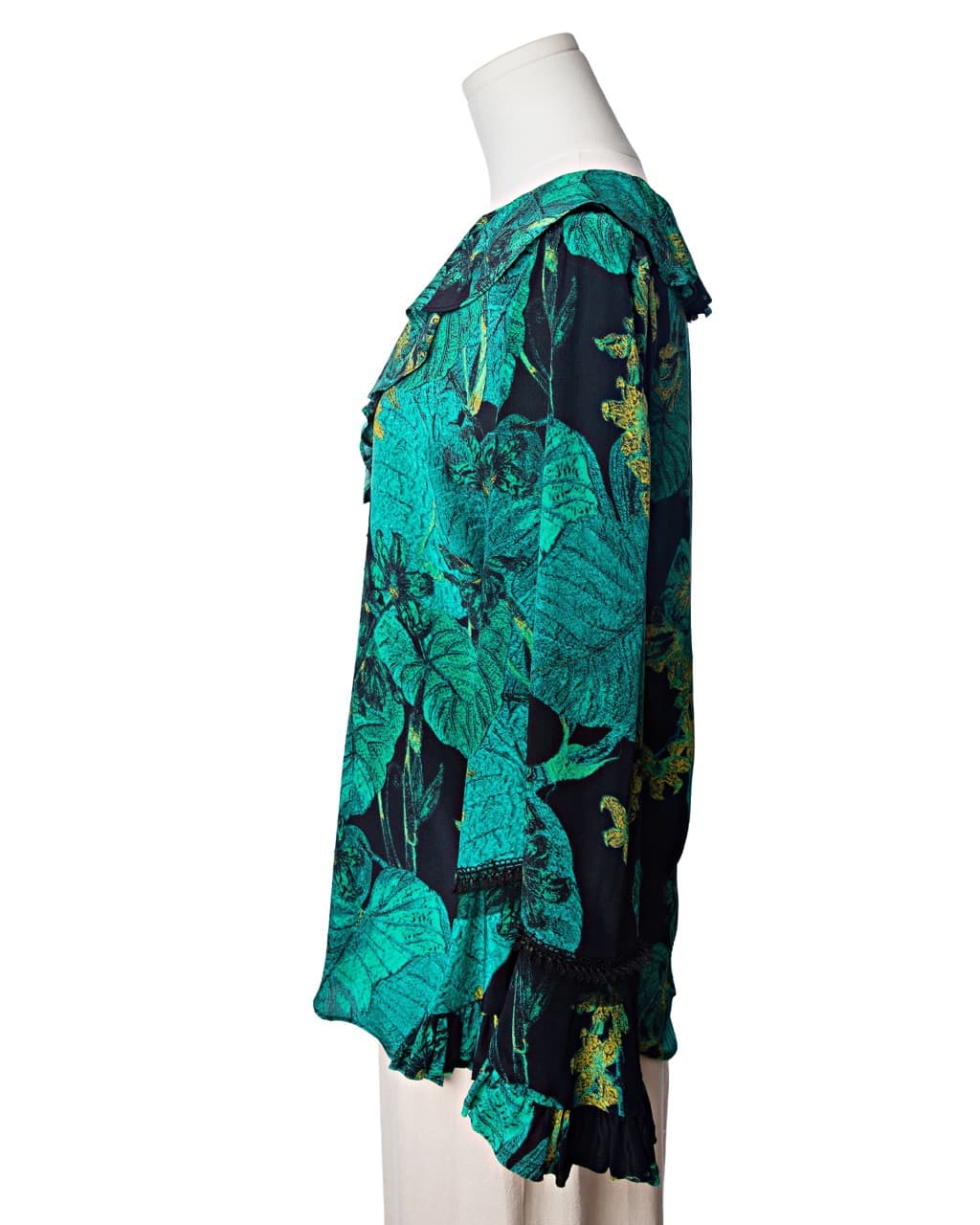 Kobi Halperin Dahlia Silk Ruffle Blouse in Emerald Noir Botanical
