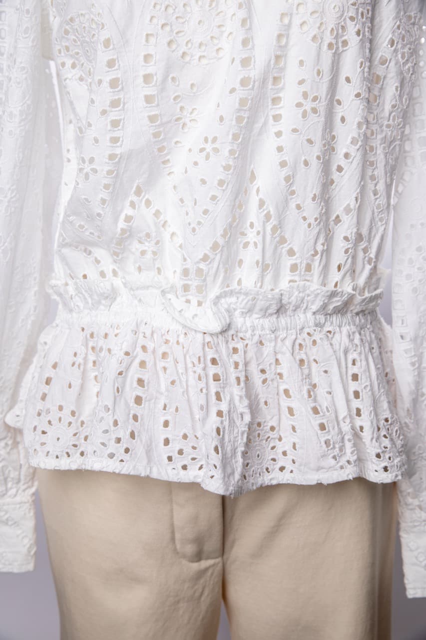 GANNI White Cotton Eyelet Open Back Ruffle Peplum Blouse