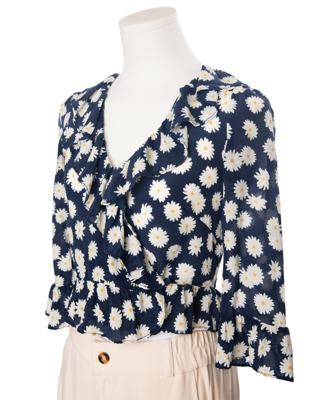 Réalisation Par Navy Daisy Print Silk Ruffle Wrap Blouse
