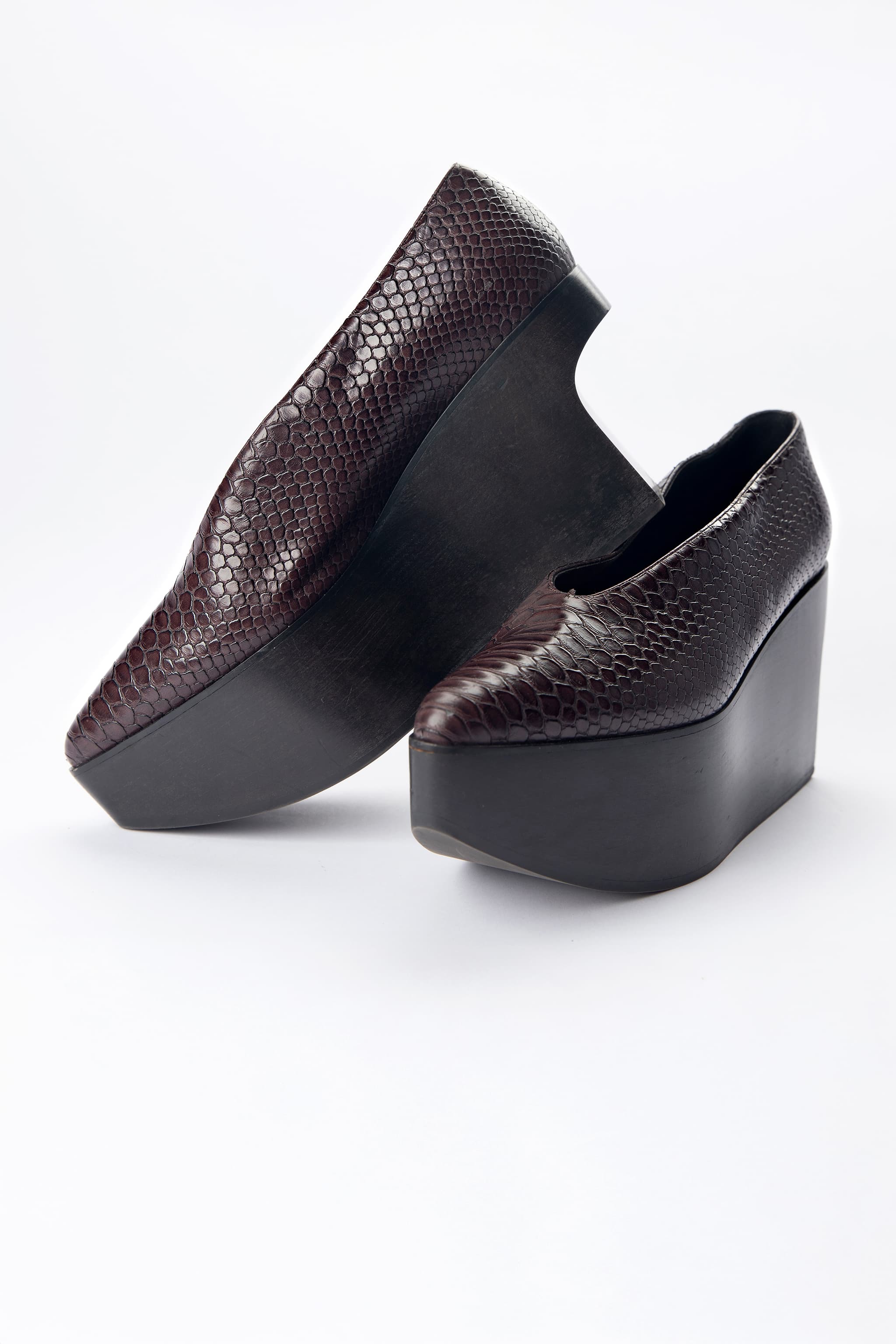 Stella McCartney Burgundy Snake-Effect Platform Wedge Loafers
