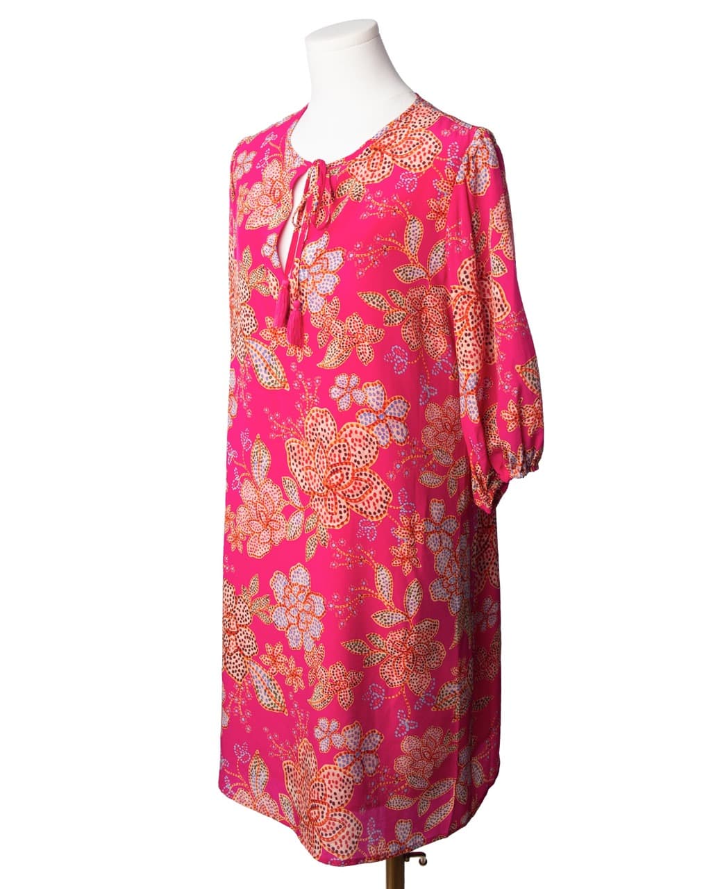 Johnny Was Fuchsia Floral Silk Tassel Shift Dress