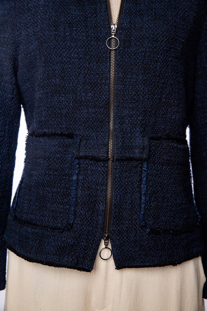 Rebecca Taylor Navy Tweed Zip-Front Jacket