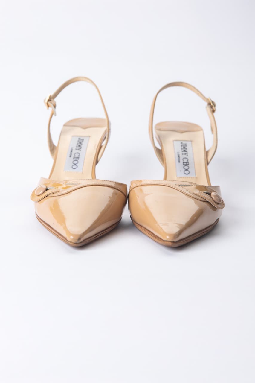 Jimmy Choo Nude Patent Leather Slingback Kitten Heels