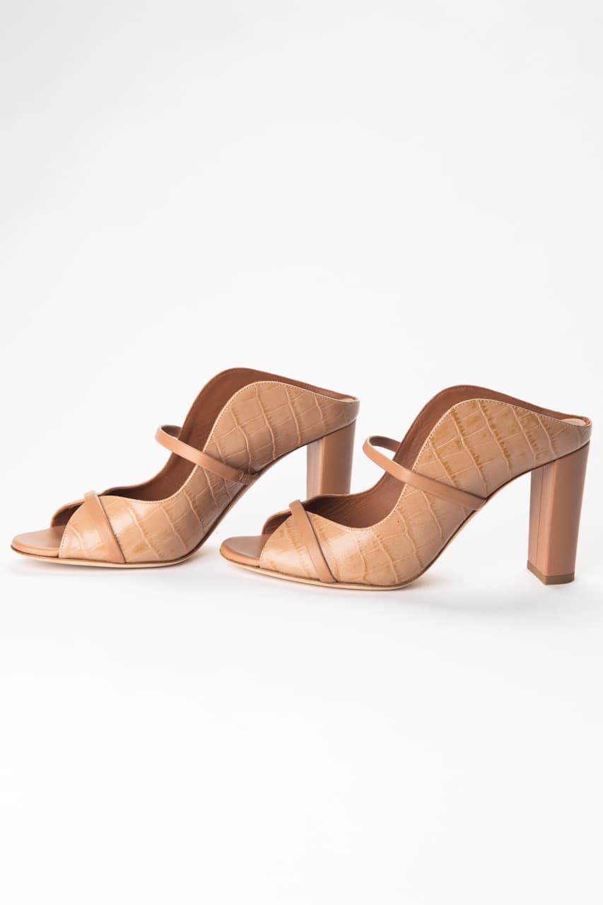 Malone Souliers Caramel Croc-Embossed Leather Mule Sandals
