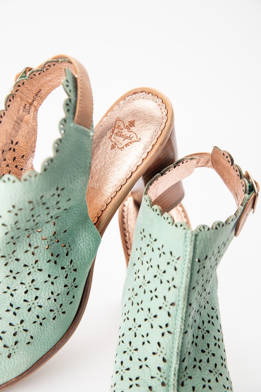 Miss Albright Mint Laser-Cut Leather Peep-Toe Block Heel Sandals