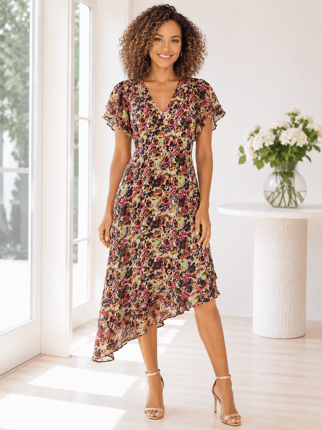 Lewit Garden Mosaic Asymmetrical Midi Dress