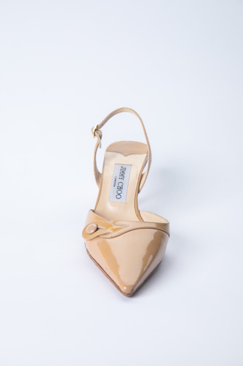 Jimmy Choo Nude Patent Leather Slingback Kitten Heels