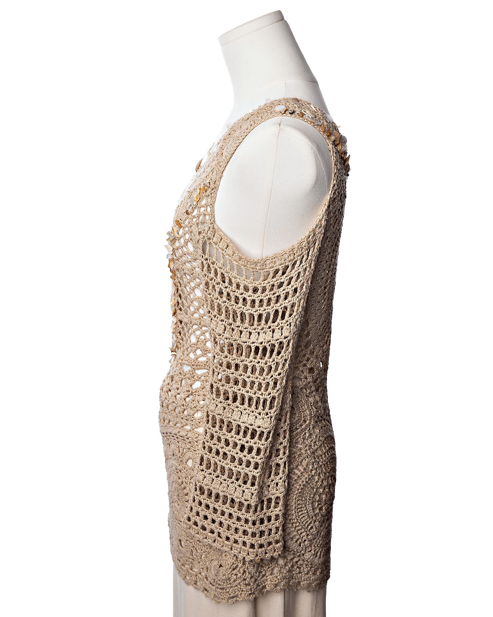 Dolce Cabo Shell Embellished Crochet Resort Top in Sand Pearl