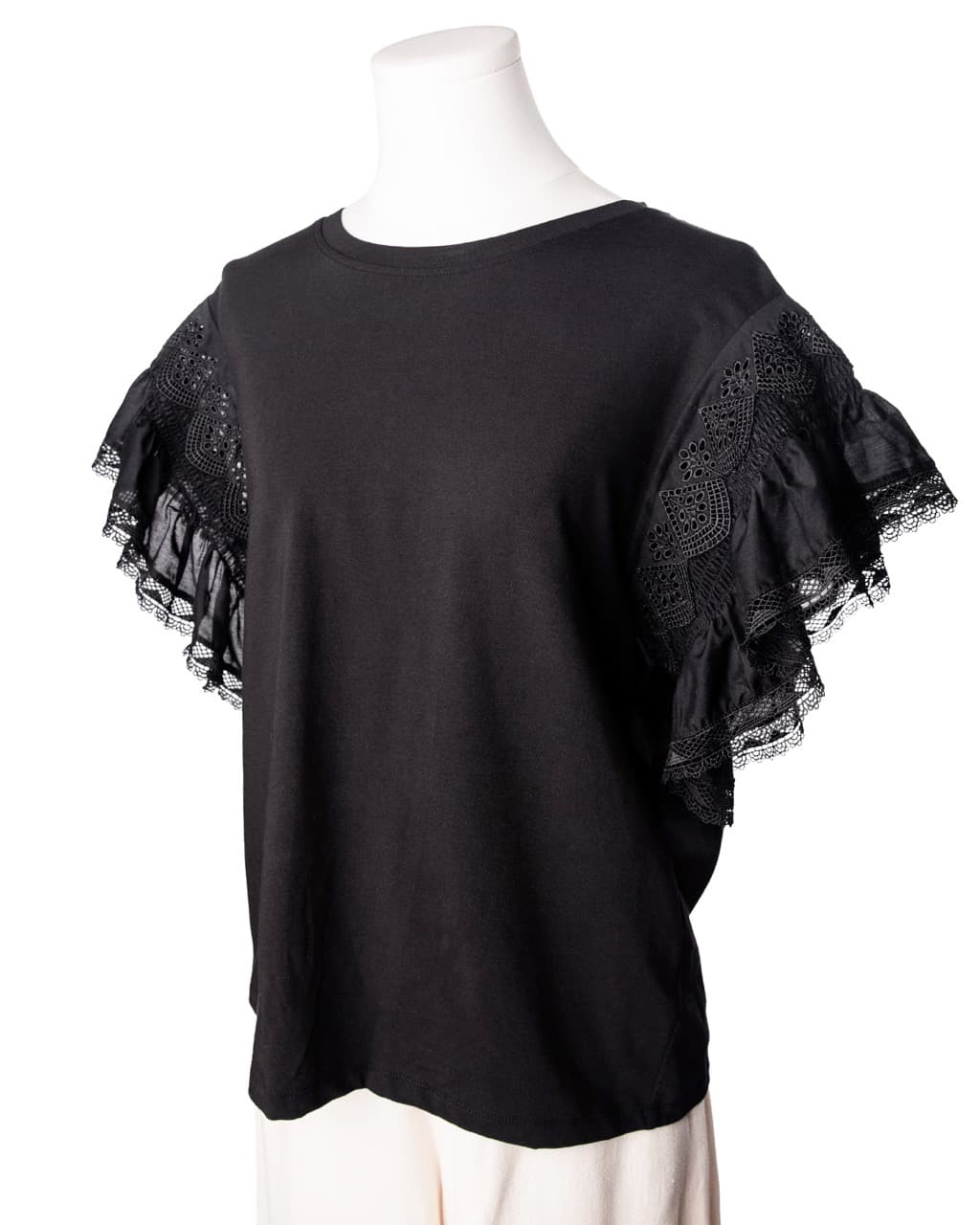 Kobi Halperin Black Embroidered Ruffle Sleeve Cotton Knit Top