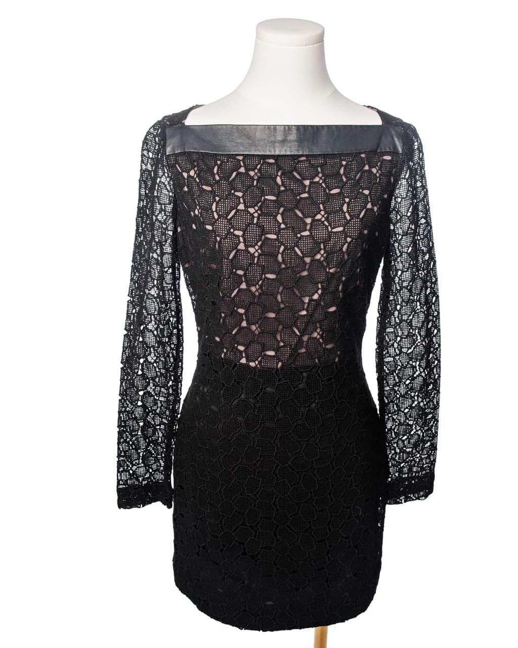 Diane von Furstenberg Black Lace & Leather Accent Cocktail Dress