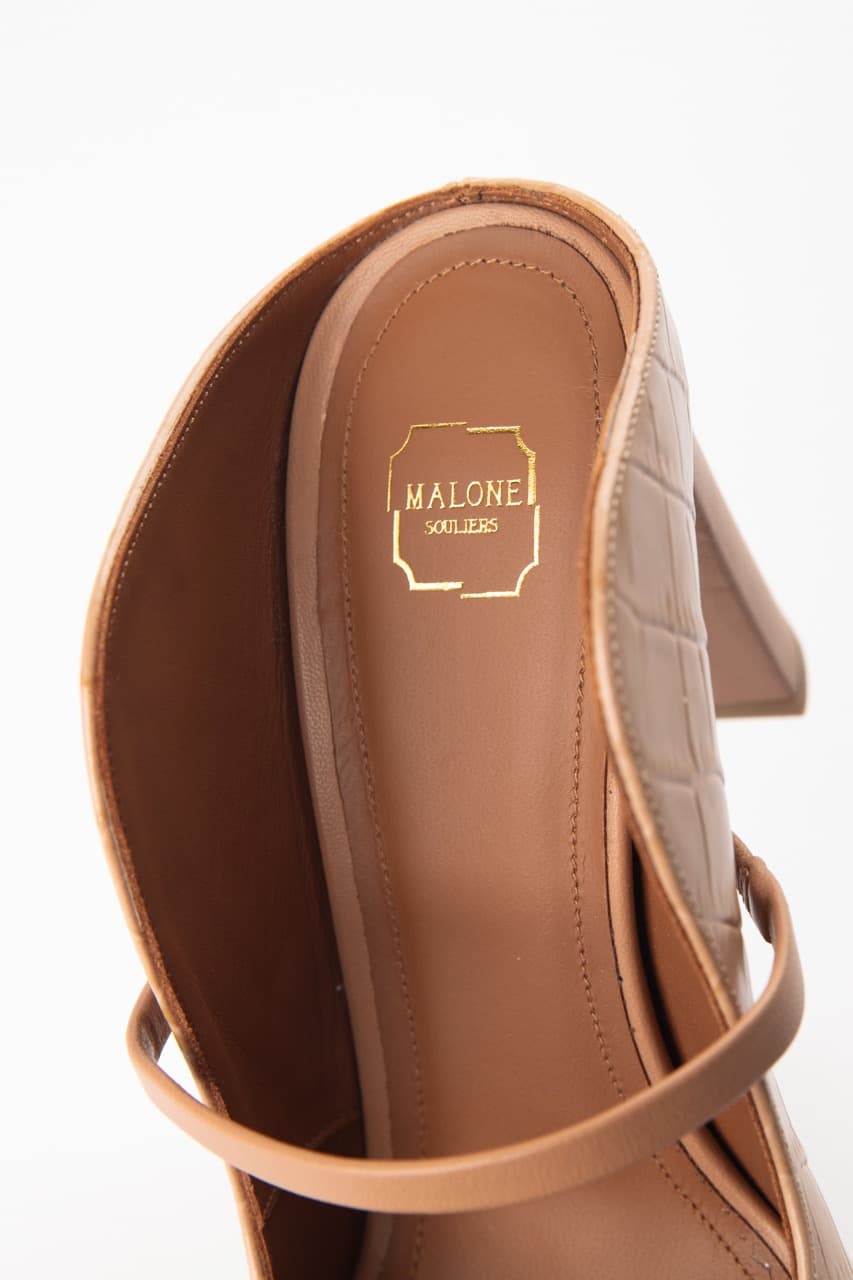 Malone Souliers Caramel Croc-Embossed Leather Mule Sandals