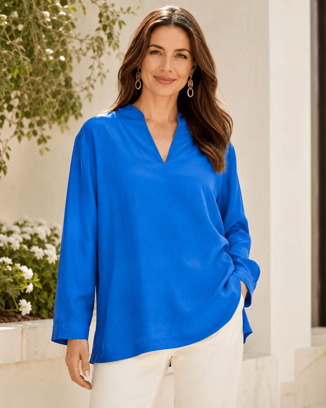 Eileen Fisher Cobalt Blue 100% Silk Tunic Blouse