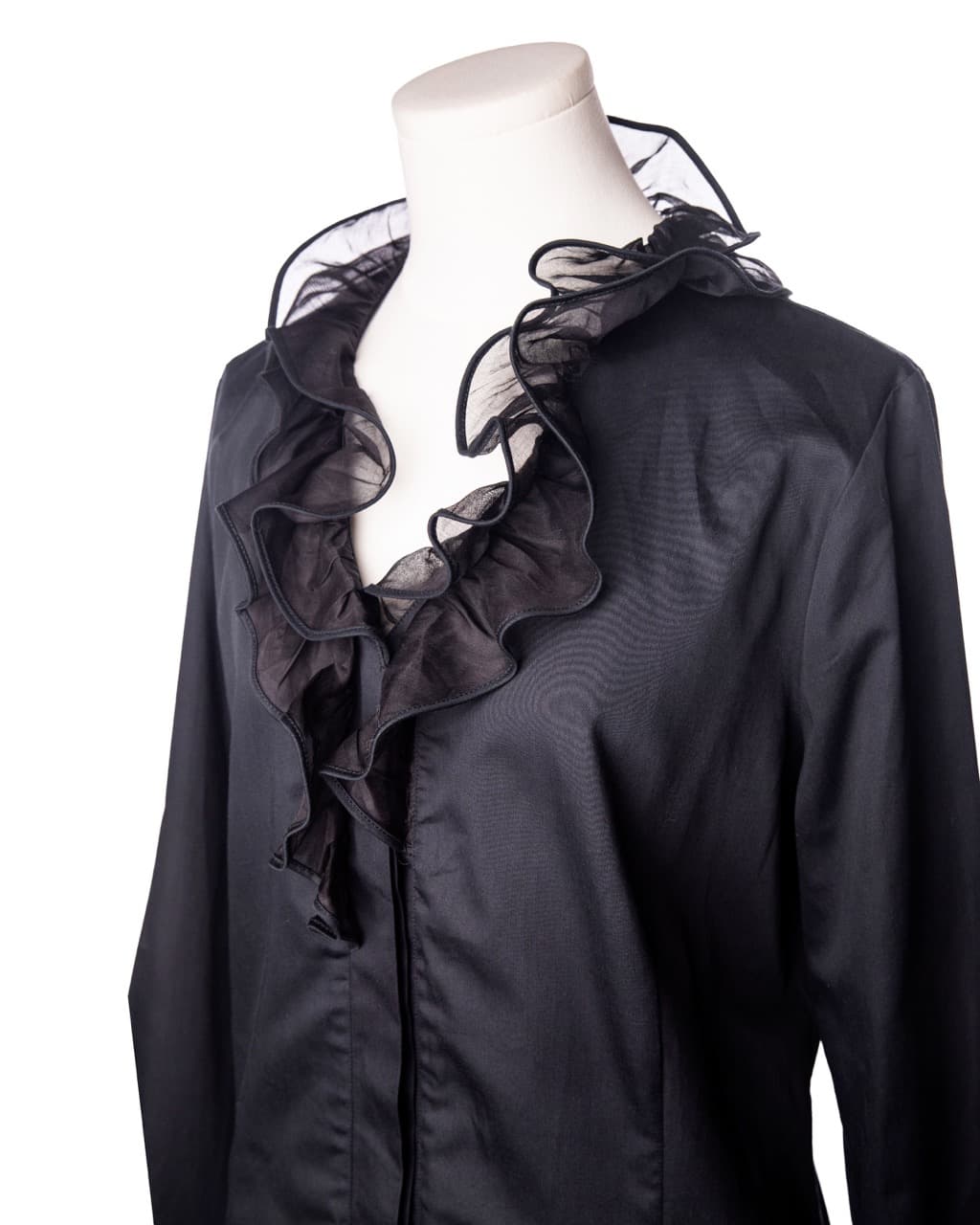 Gorsuch Black Cotton Ruffle Button-Down Blouse | Sheer Organza Trim