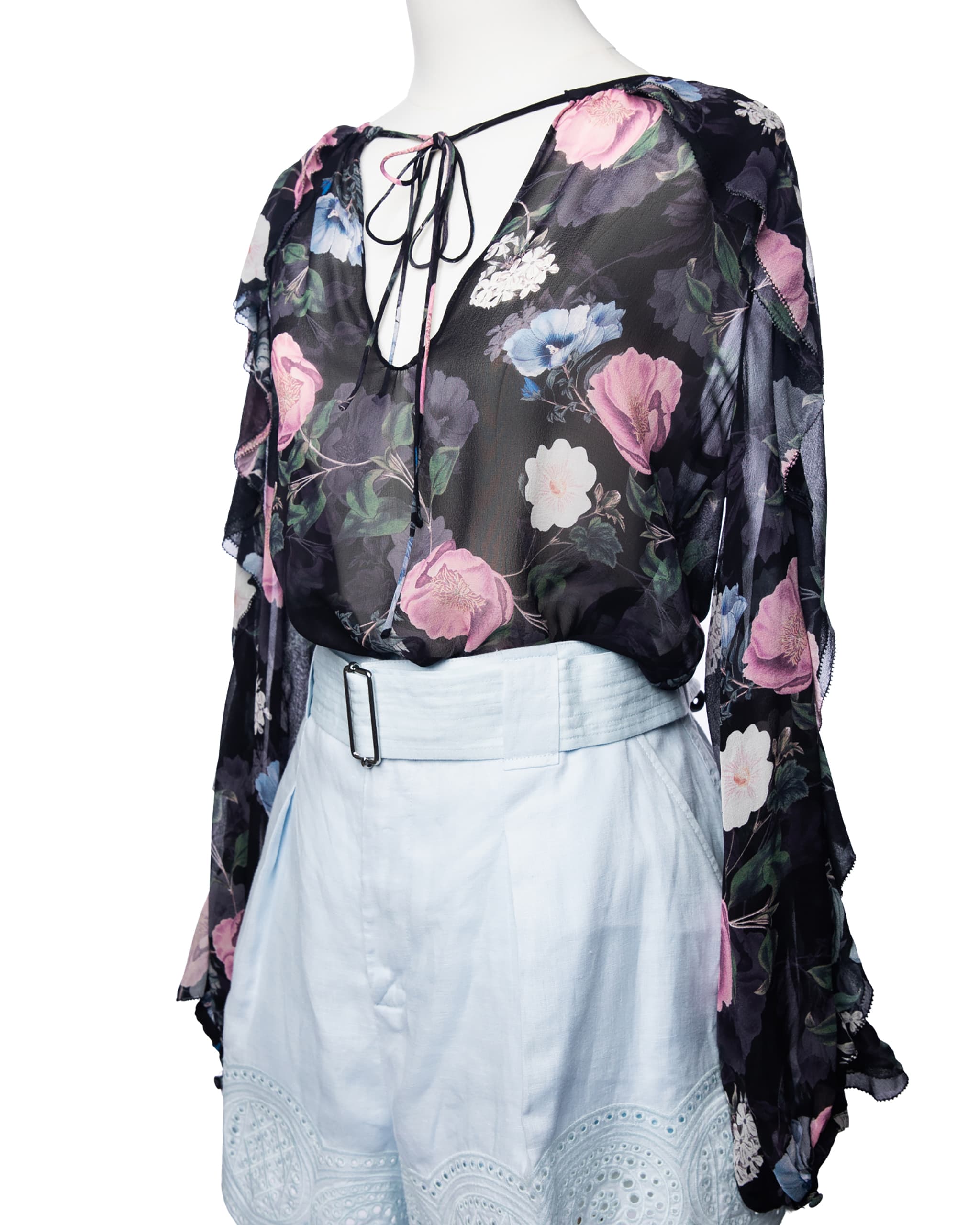 Nicholas Australia Black Floral Semi-Sheer Ruffle Sleeve Blouse