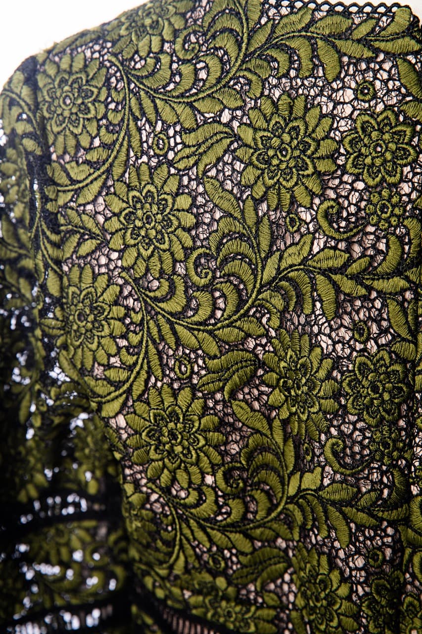 SHANI Bell-Sleeve Surplice Lace Dress in Green