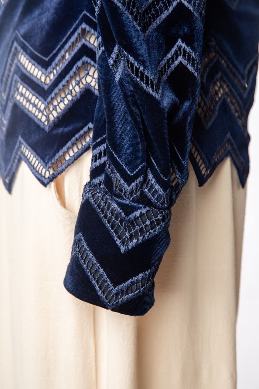 Self-Portrait One-Shoulder Velvet Zigzag Lace Blouse
