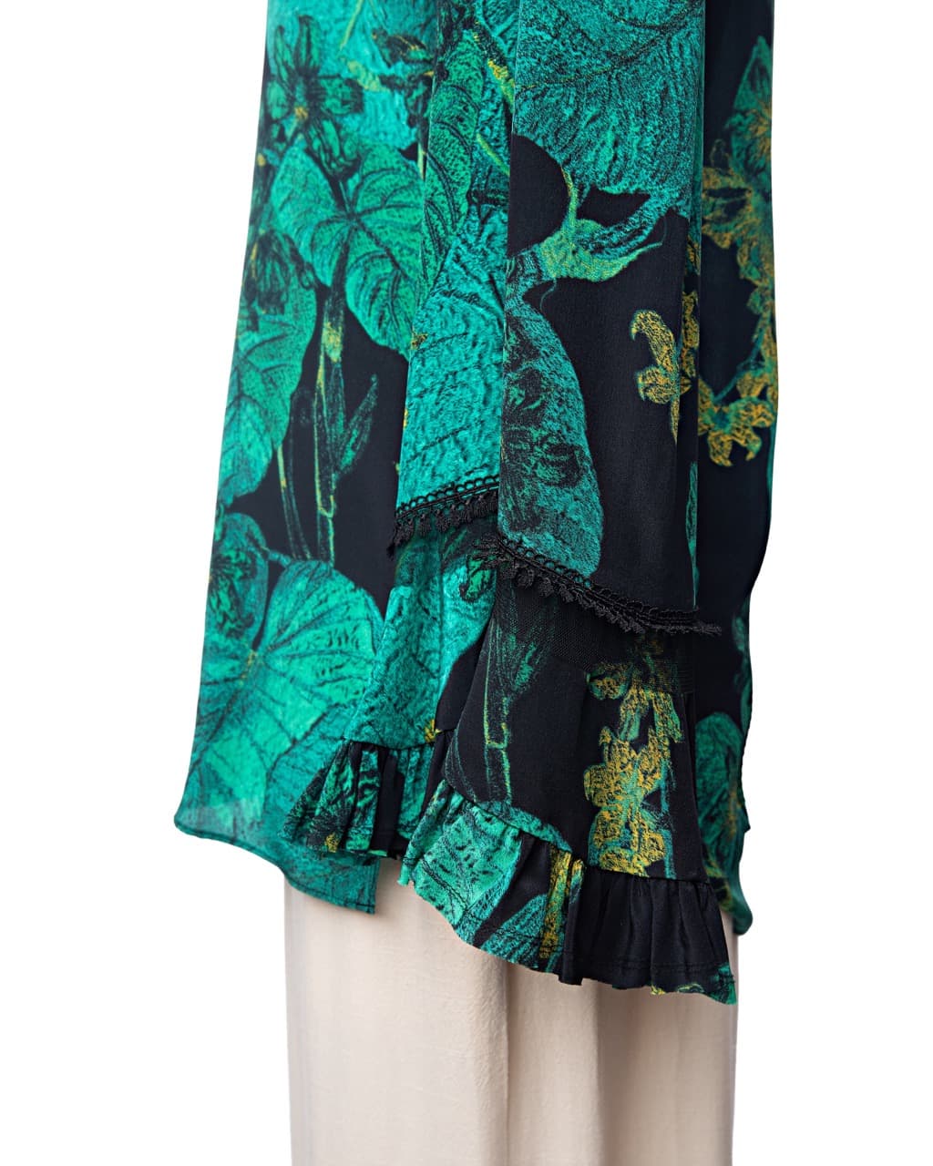 Kobi Halperin Dahlia Silk Ruffle Blouse in Emerald Noir Botanical
