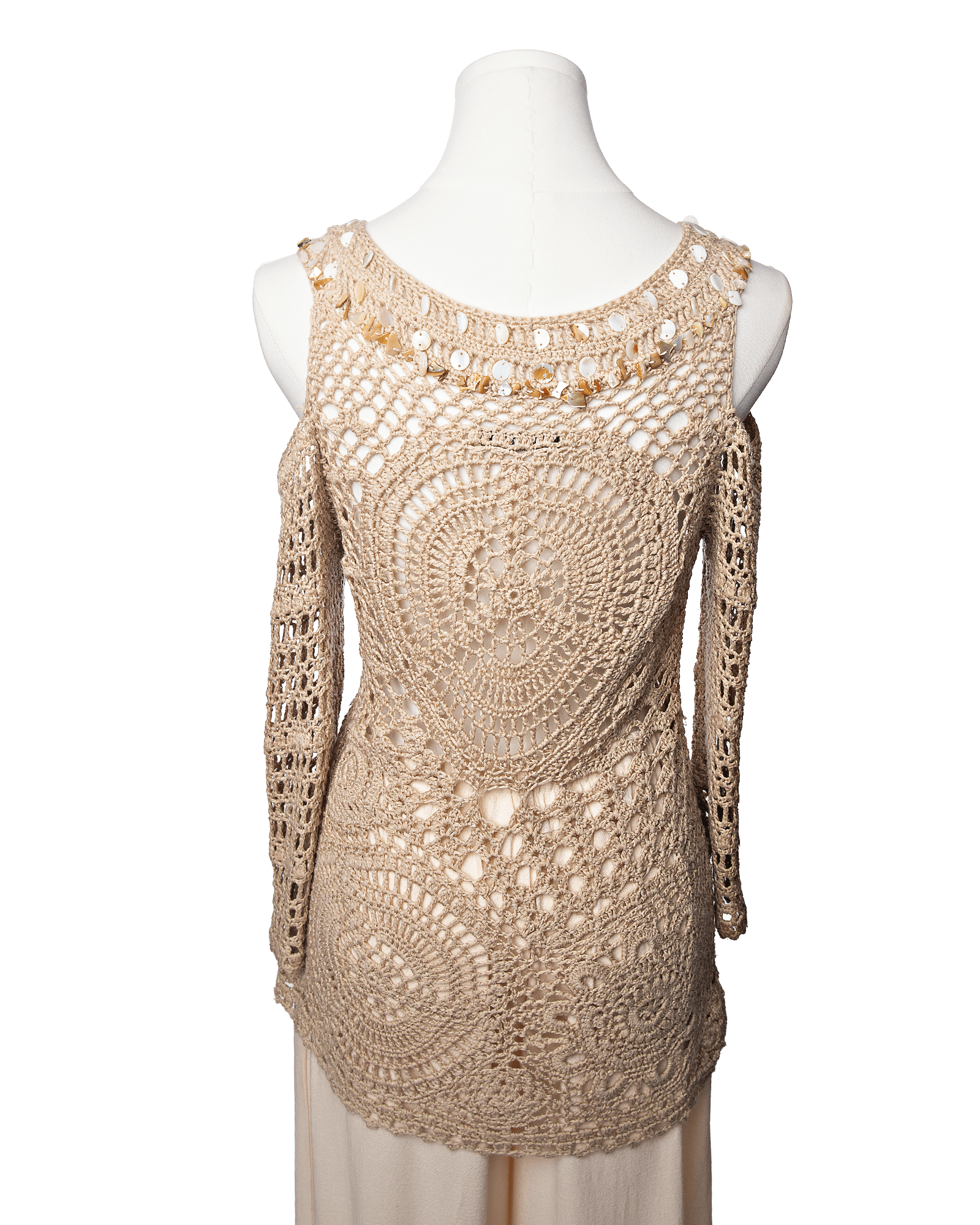 Dolce Cabo Shell Embellished Crochet Resort Top in Sand Pearl