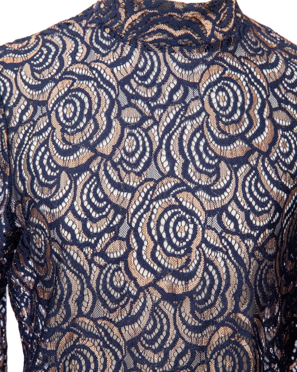 Anne Fontaine Navy Lace Mock Neck Long Sleeve Blouse