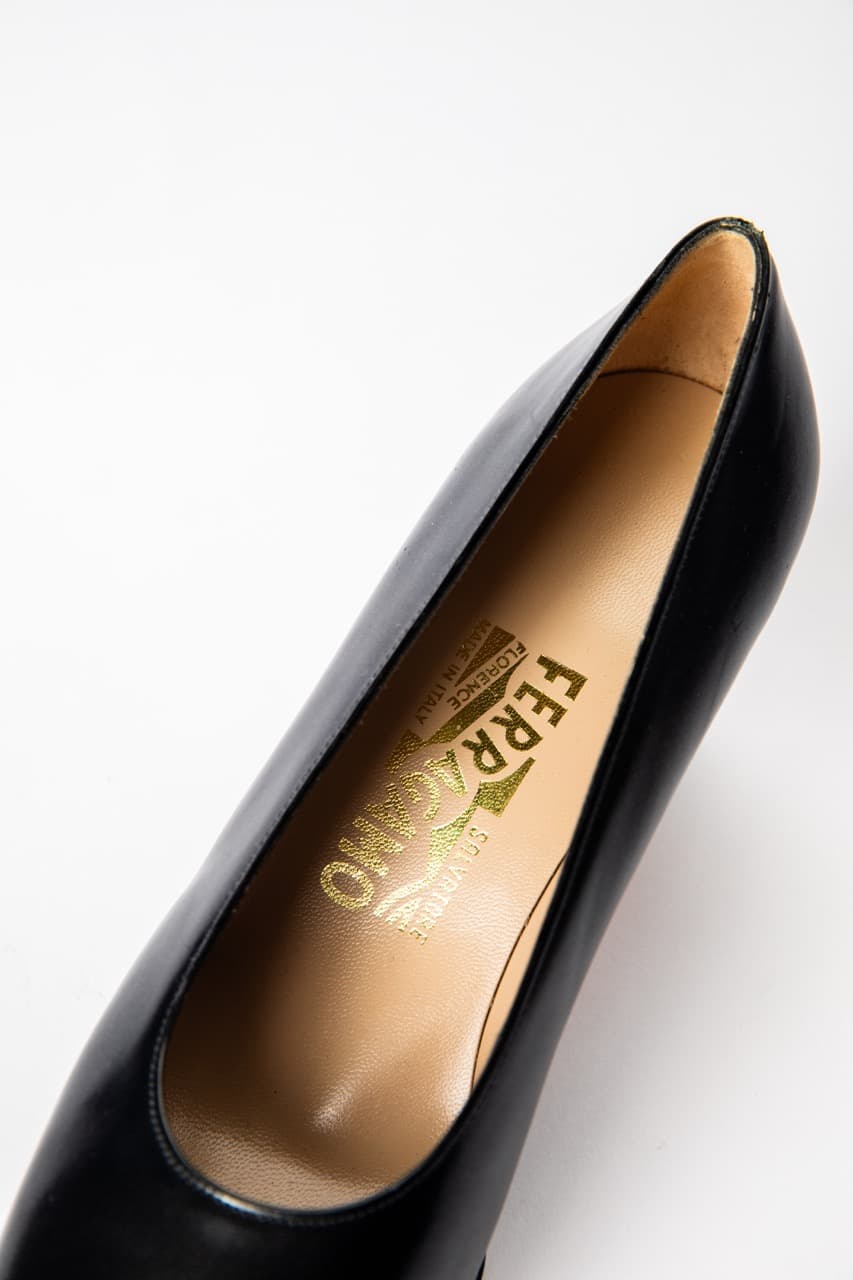 Salvatore Ferragamo Black Leather Block Heel Pumps | Made in Italy