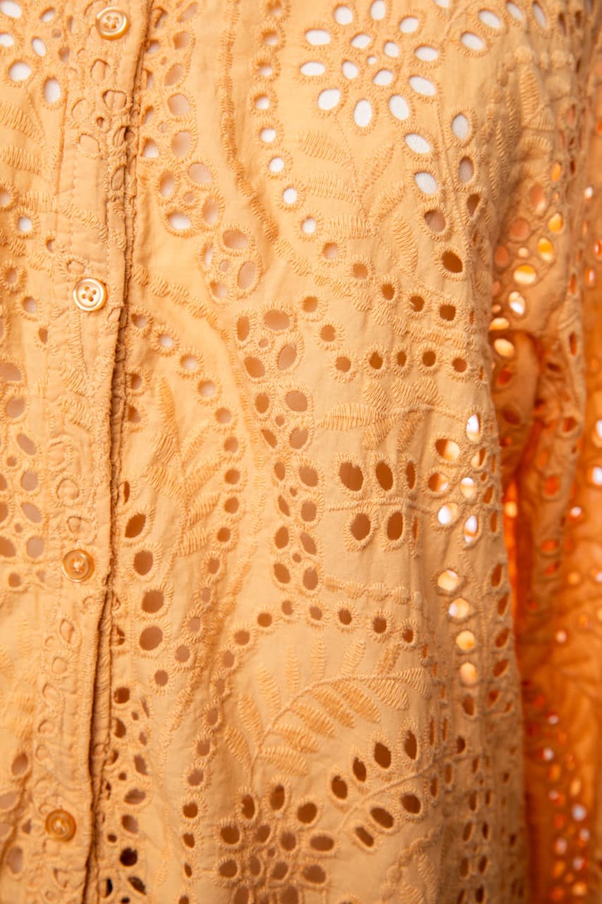Joie Apricot Cotton Eyelet Button-Front Balloon-Sleeve Scalloped-Hem Blouse