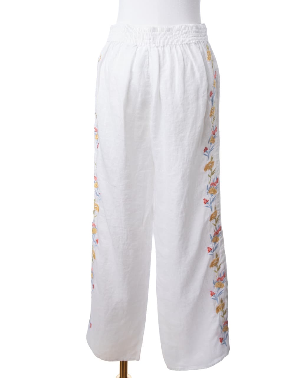 Calypso St. Barth White Linen-Blend Embroidered Wide-Leg Pants