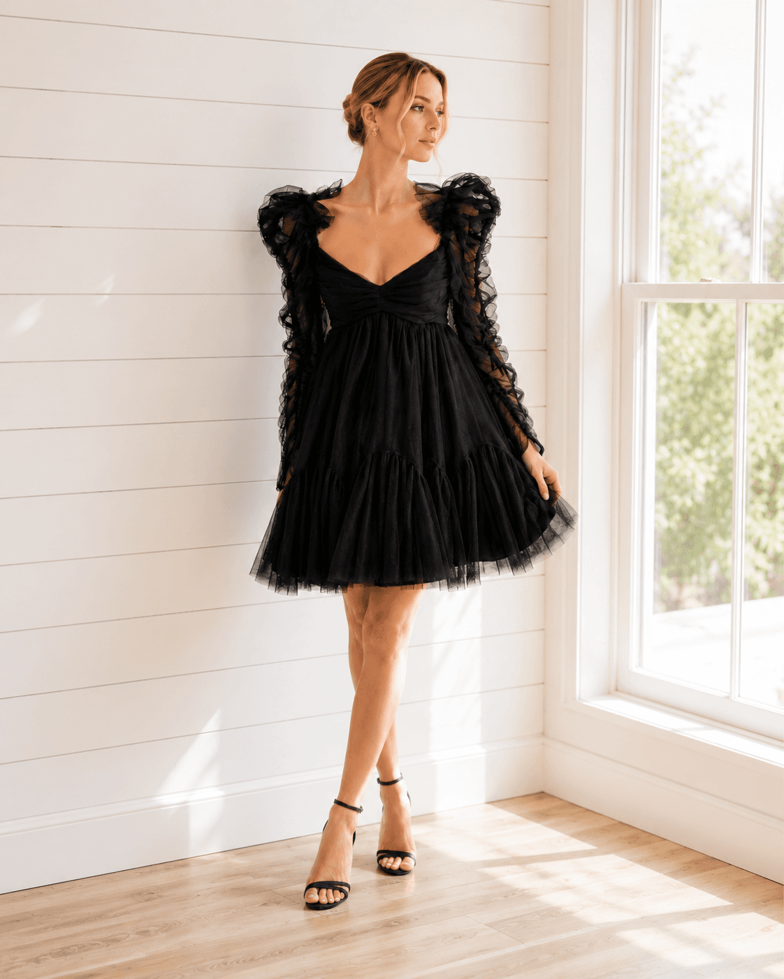 Zimmermann Tulle Ruched Puff-Sleeve Babydoll Mini Dress