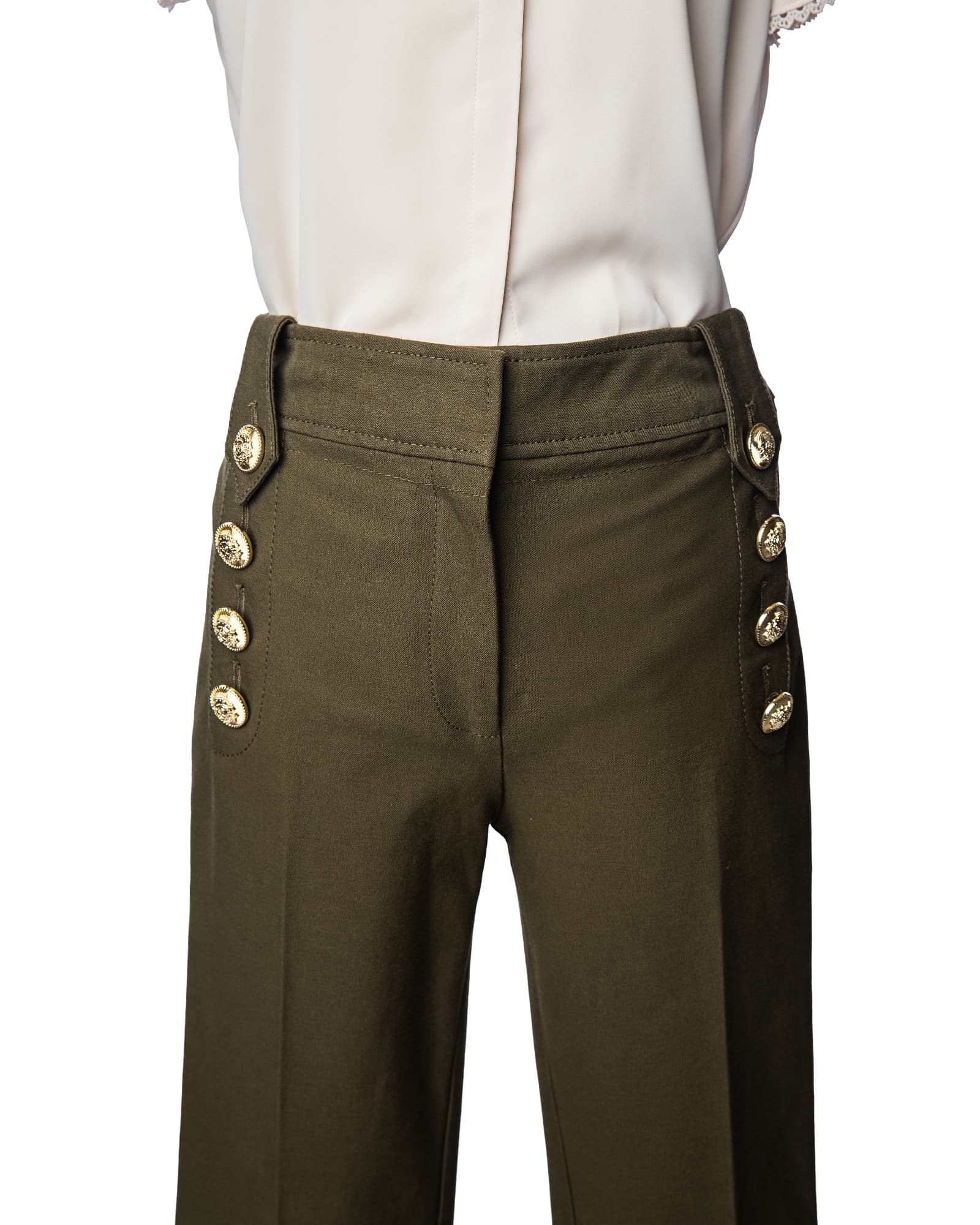 Derek Lam 10 Crosby Military Green Gold Button Flare Pants