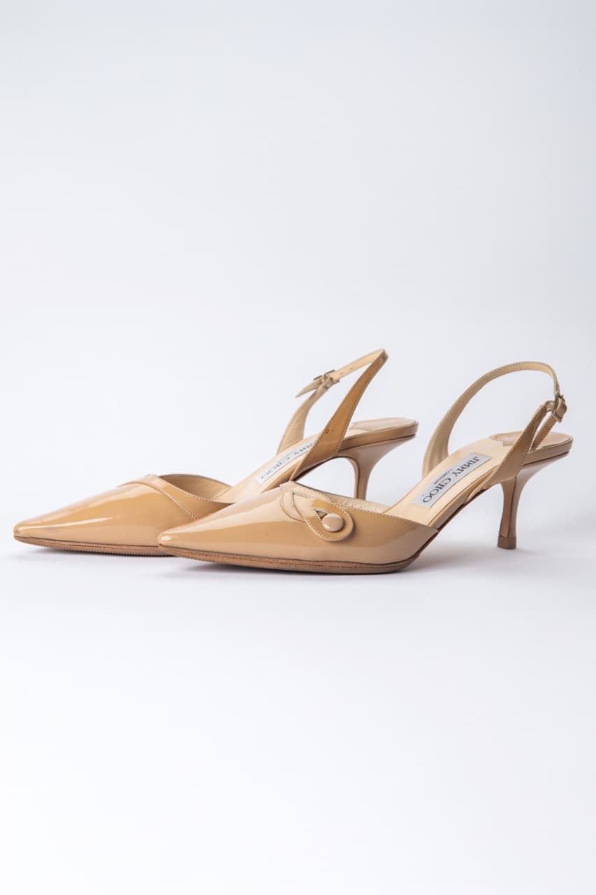 Jimmy Choo Nude Patent Leather Slingback Kitten Heels