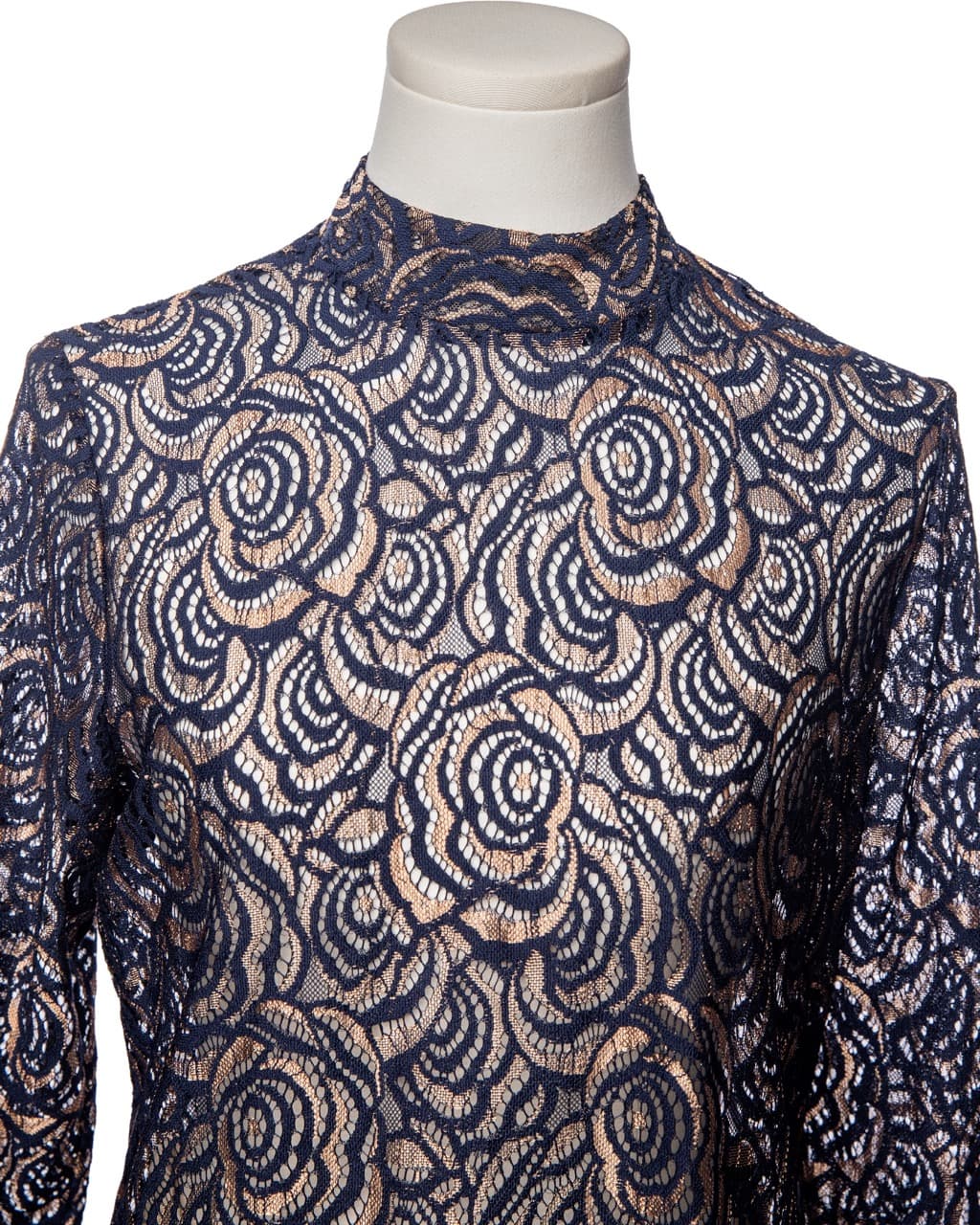 Anne Fontaine Navy Lace Mock Neck Long Sleeve Blouse