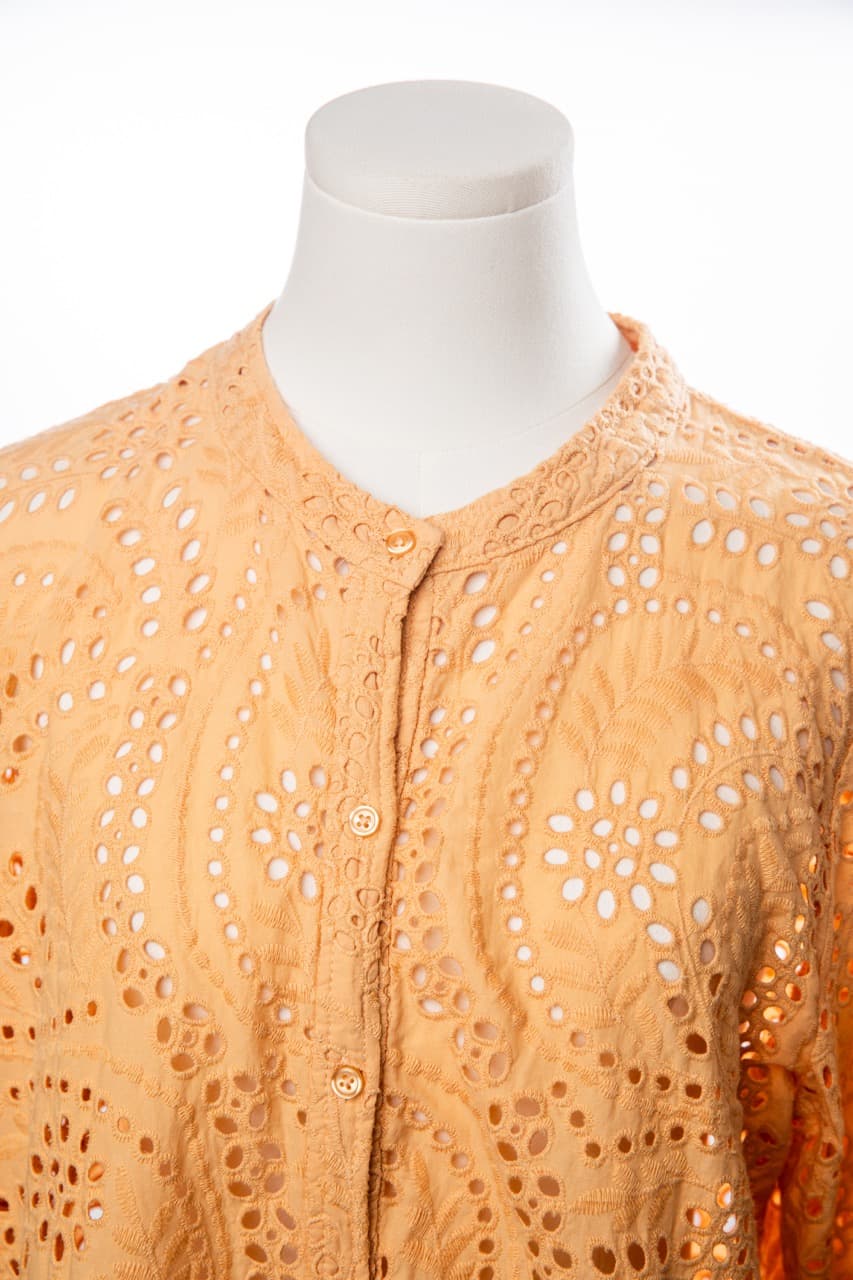 Joie Apricot Cotton Eyelet Button-Front Balloon-Sleeve Scalloped-Hem Blouse